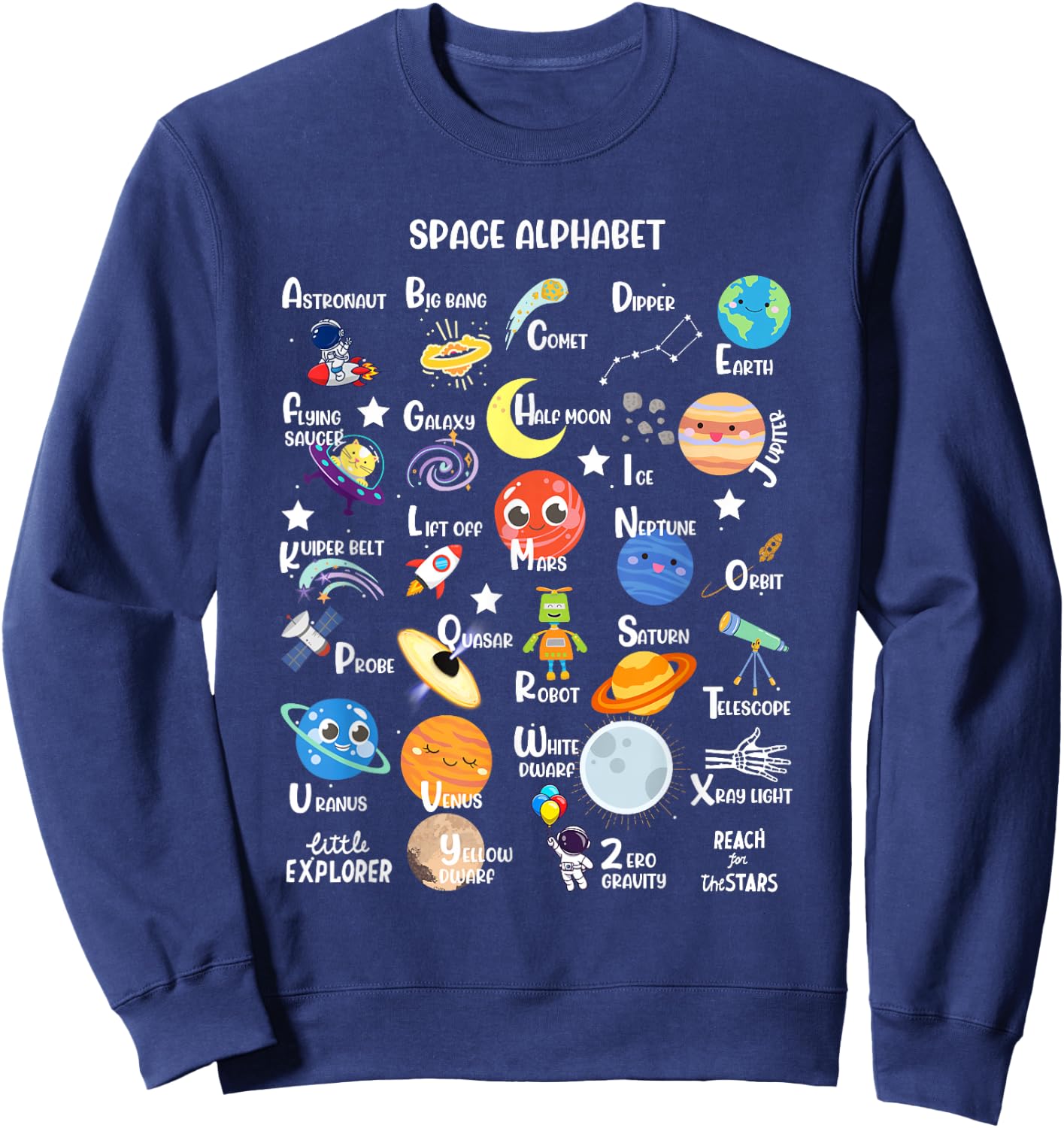 Space Alphabet A-Z ABC of Outer Space STEM Kids Sweatshirt - Sweatshirt | Navy