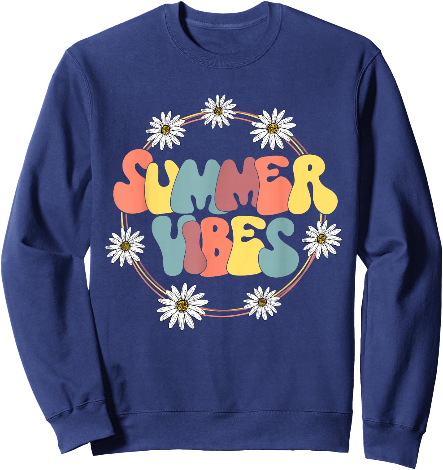 Retro Groovy Summer Vibes Sunflower Hello Summer Vacation Sweatshirt - Sweatshirt | Navy