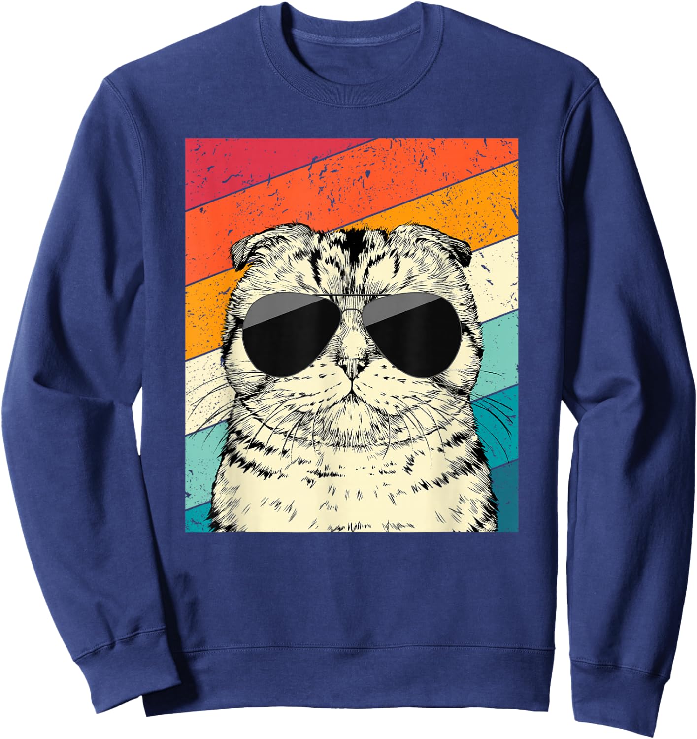 Retro Vintage Scottish Fold Cat with Sunglasses Cat Lovers Sweatshirt - Sweatshirt | Navy