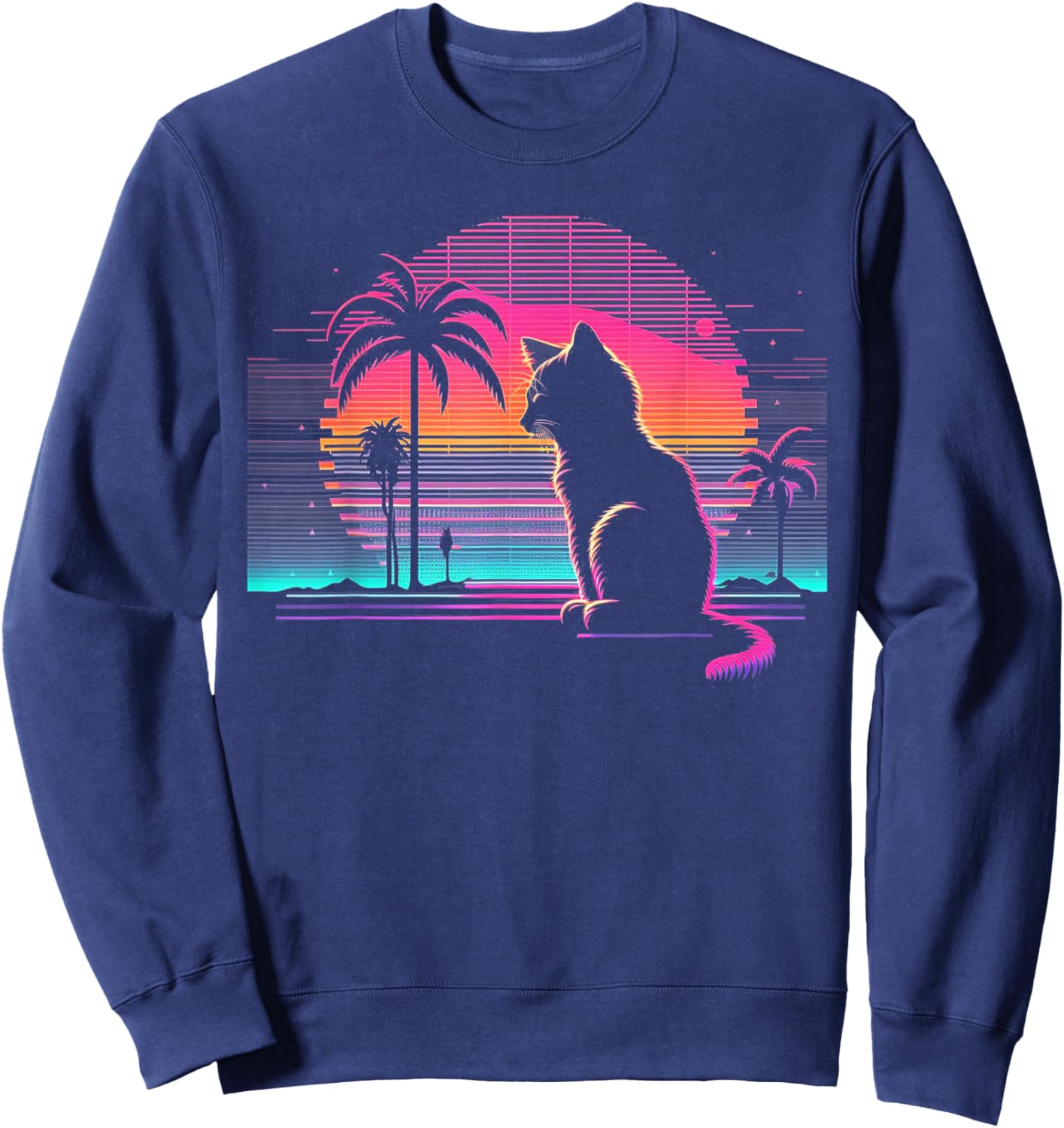 Cat Vaporwave Retrowave Aesthetic Synthwave 80s Palm Tree Sweatshirt - Sweatshirt | Navy