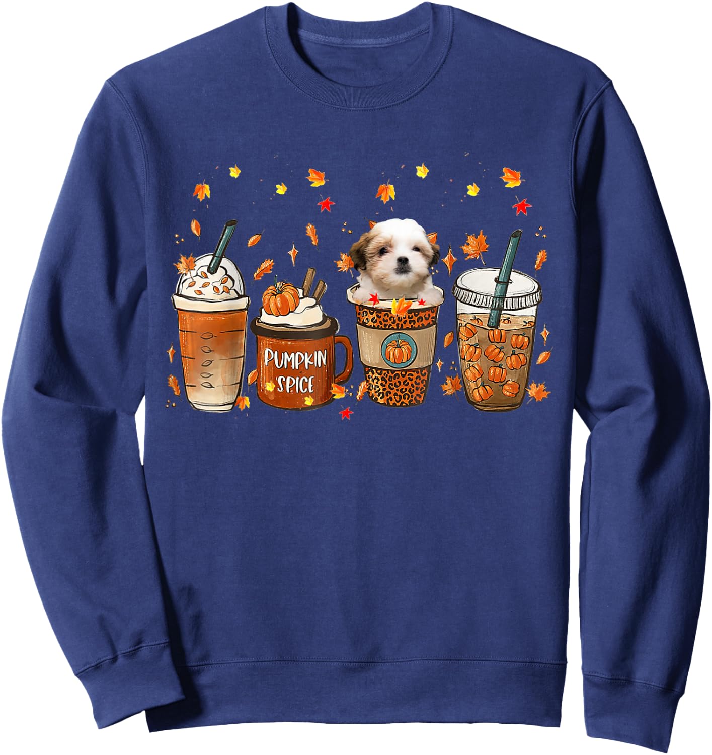 Teddy Bear Dog Fall Coffee Pumpkin Spice Latte Iced Autumn Sweatshirt - Sweatshirt | Navy