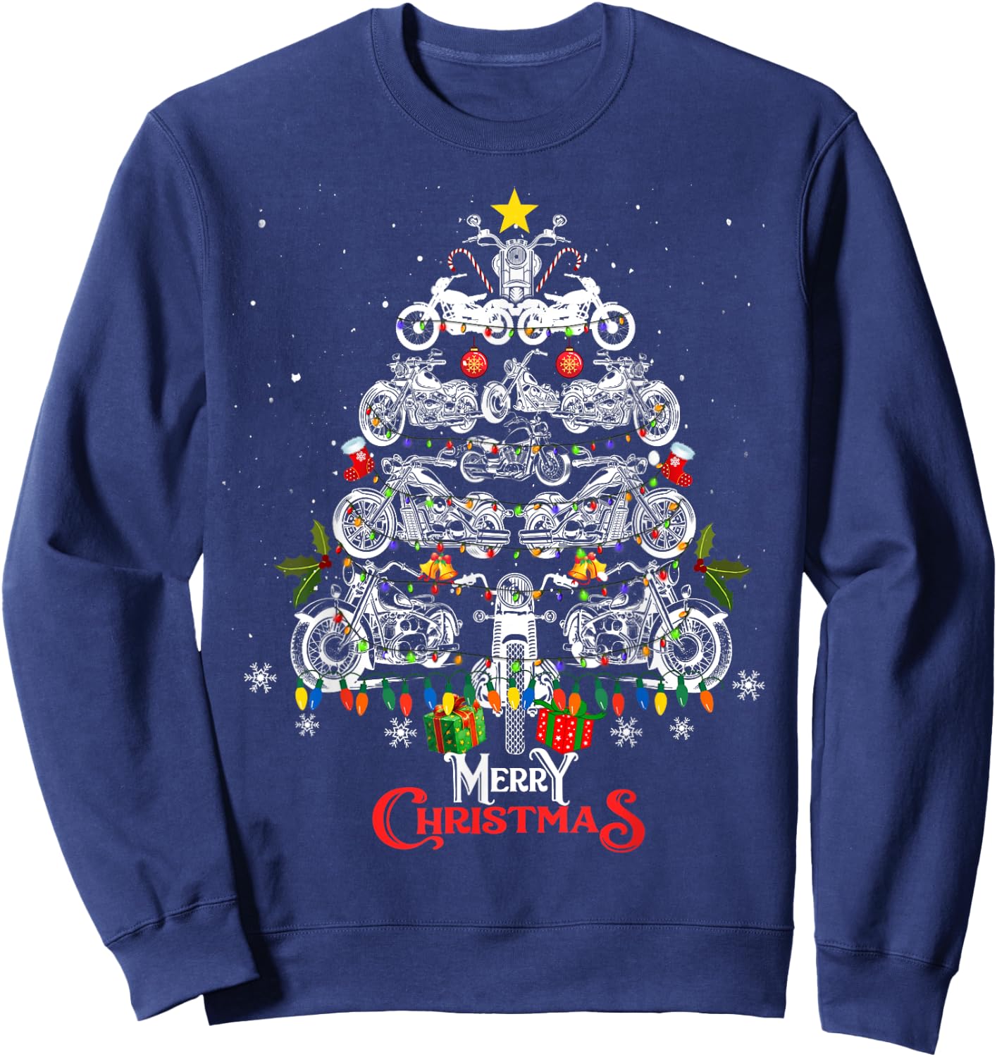 Merry Christmas Motorcycle Tree Christmas Lights Biker Xmas Sweatshirt - Sweatshirt | Navy