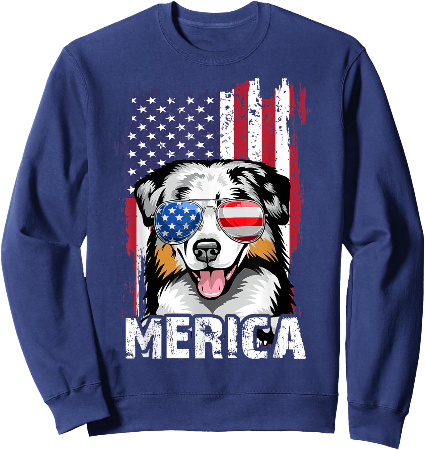Australian Shepherd 4th of July Merica USA Flag Aussie Dog Sweatshirt - Sweatshirt | Navy