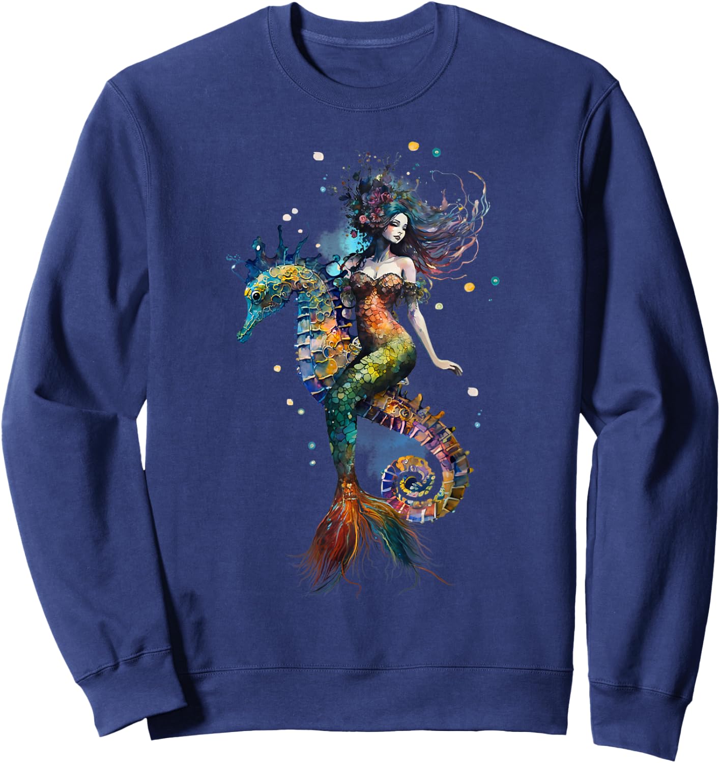 Mermaid Riding Seahorse Fantasy Ocean Mythical Creature Sweatshirt - Sweatshirt | Navy