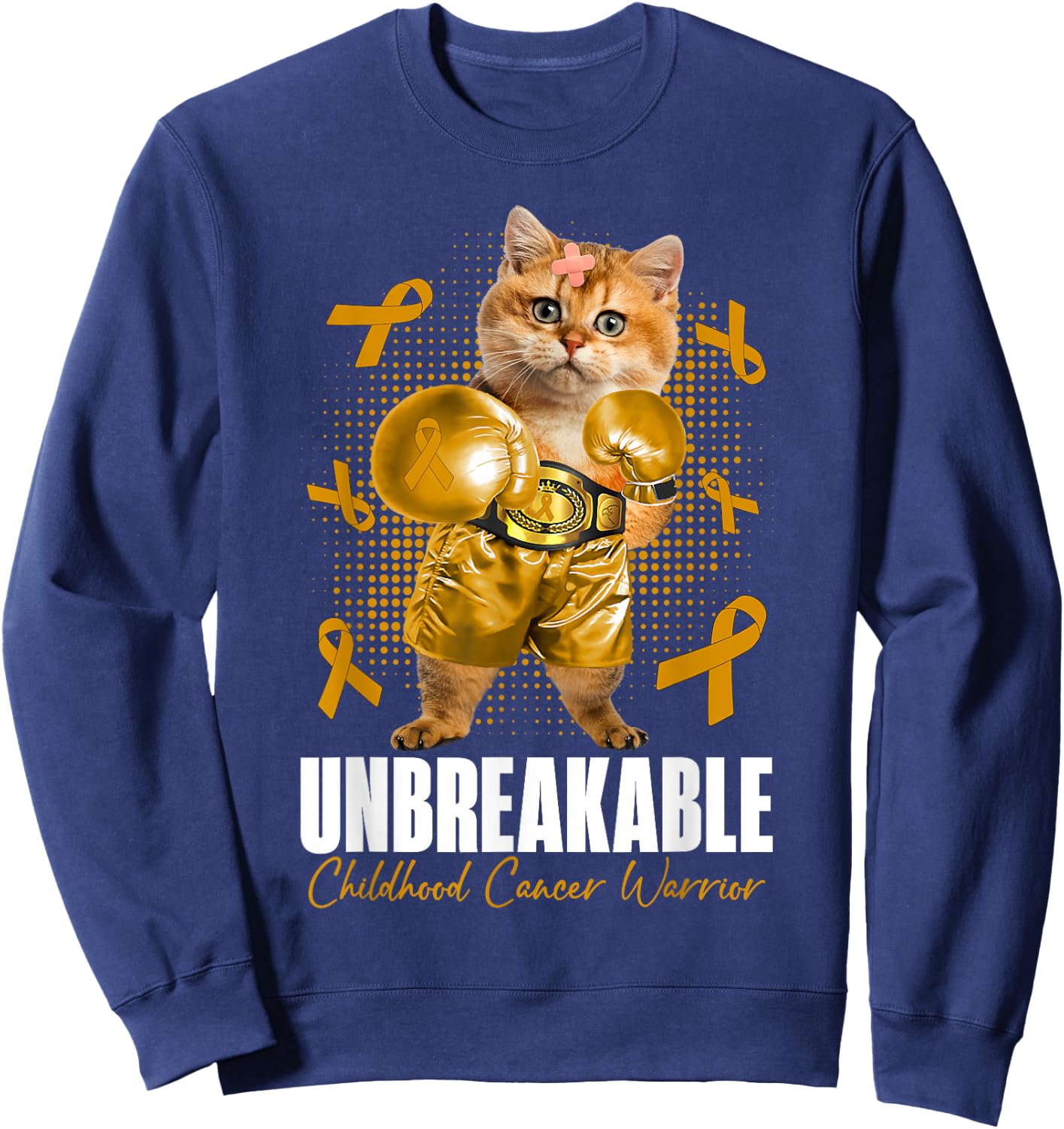 Unbreakable Childhood Cancer Awareness Fighter Cat Boxing Sweatshirt - Sweatshirt | Navy