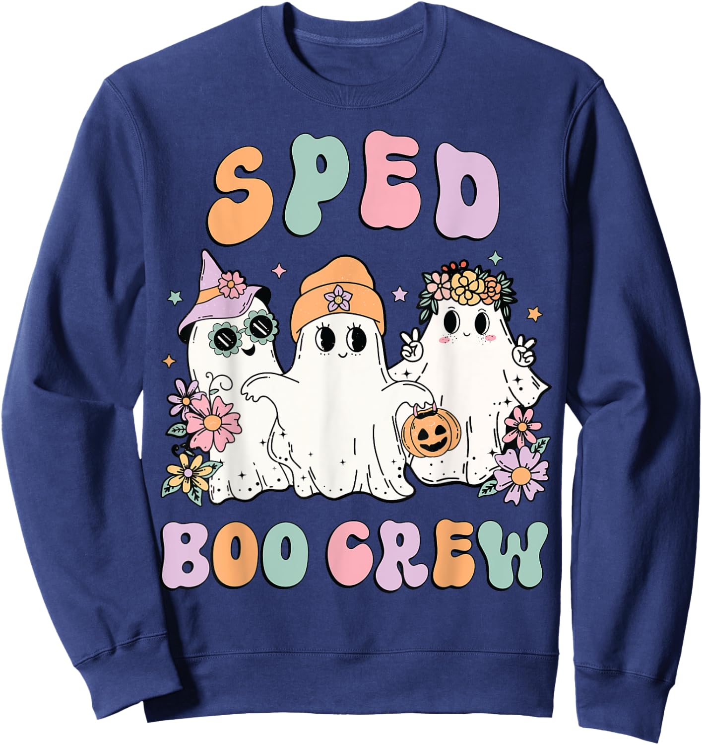 SPED Boo Crew Halloween Floral Ghost Special Ed SPED Teacher Women Kids Sweatshirt - Sweatshirt | Navy
