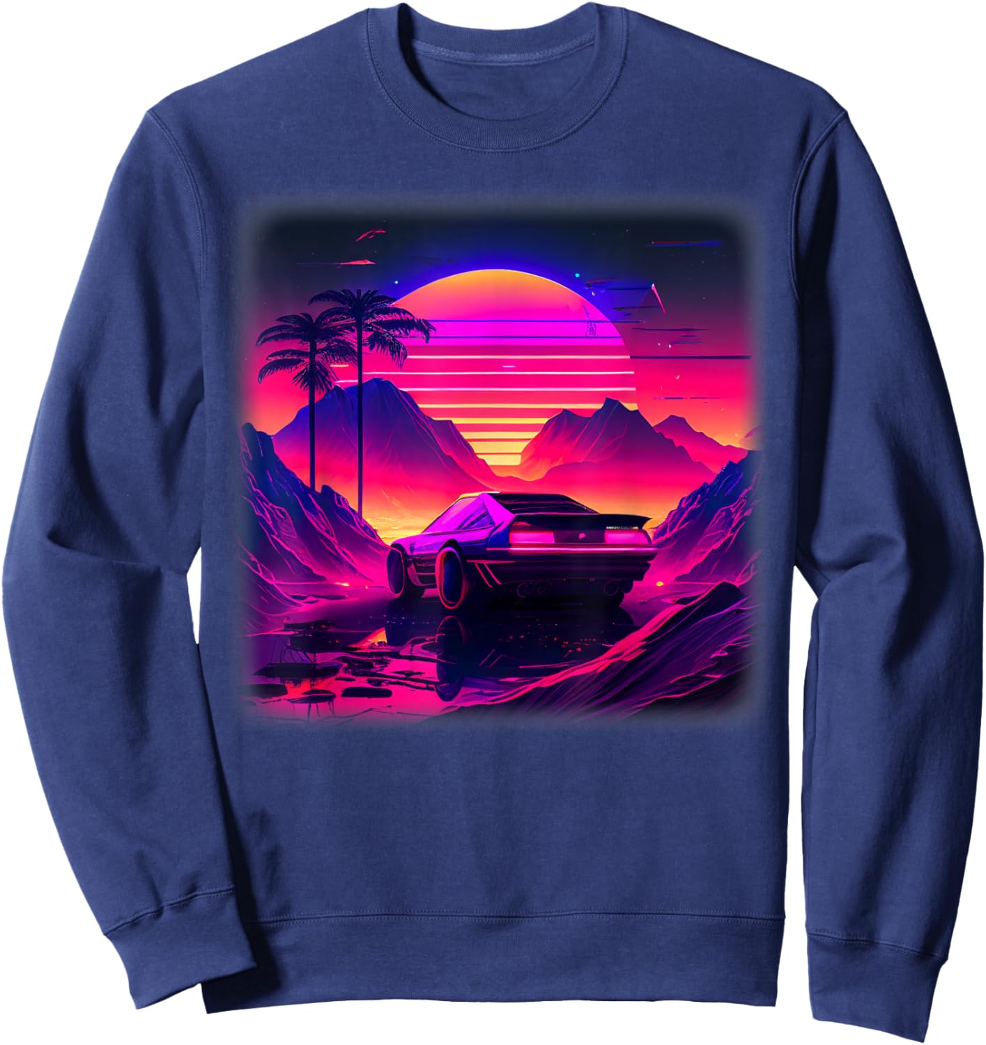 Synthwave Vaporwave Sunset Palm Trees 80s 90s Illustration Sweatshirt - Sweatshirt | Navy