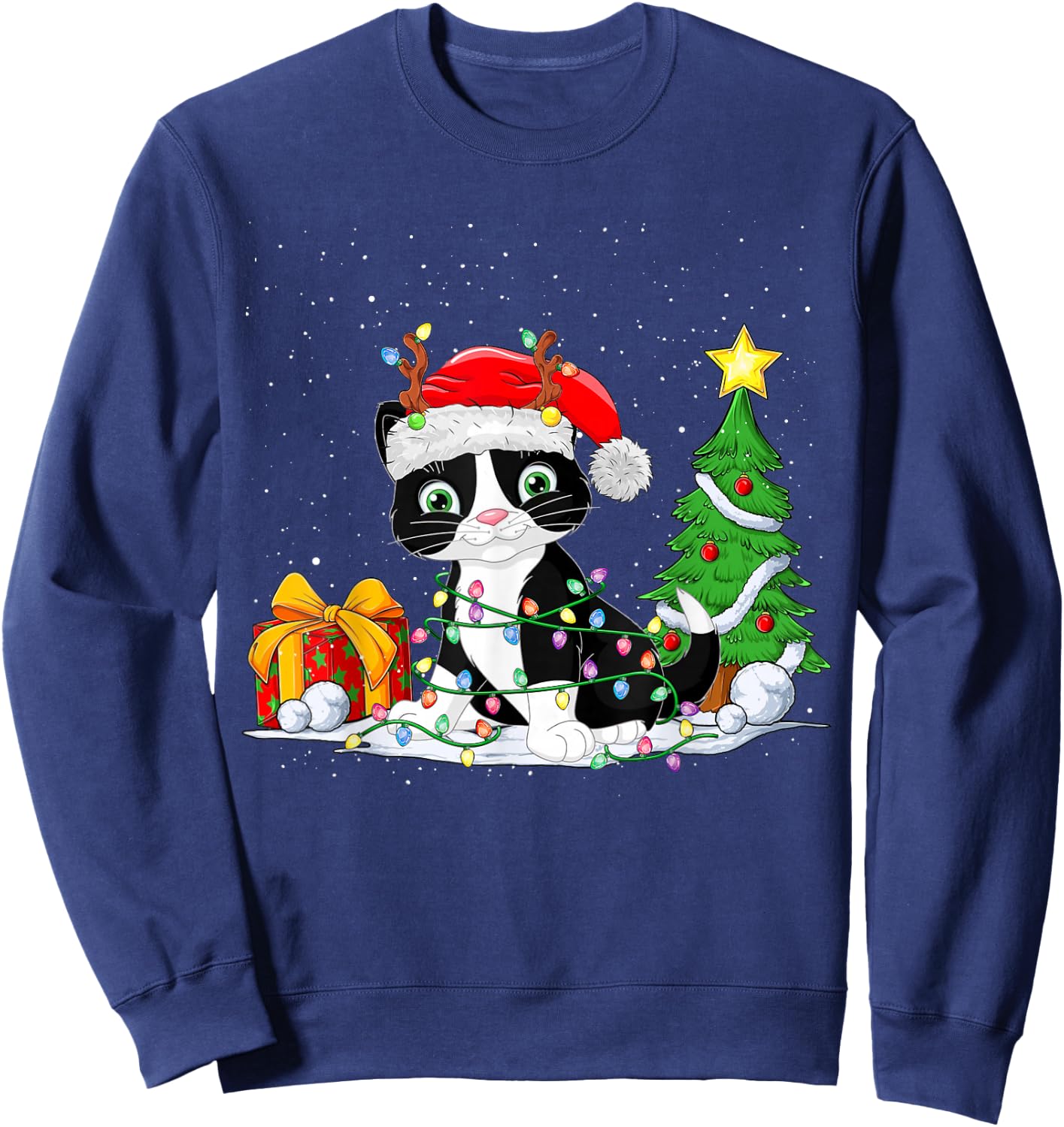 Cute Tuxedo Cat Santa Christmas Tree Lights Xmas Tuxedo Cat Sweatshirt - Sweatshirt | Navy