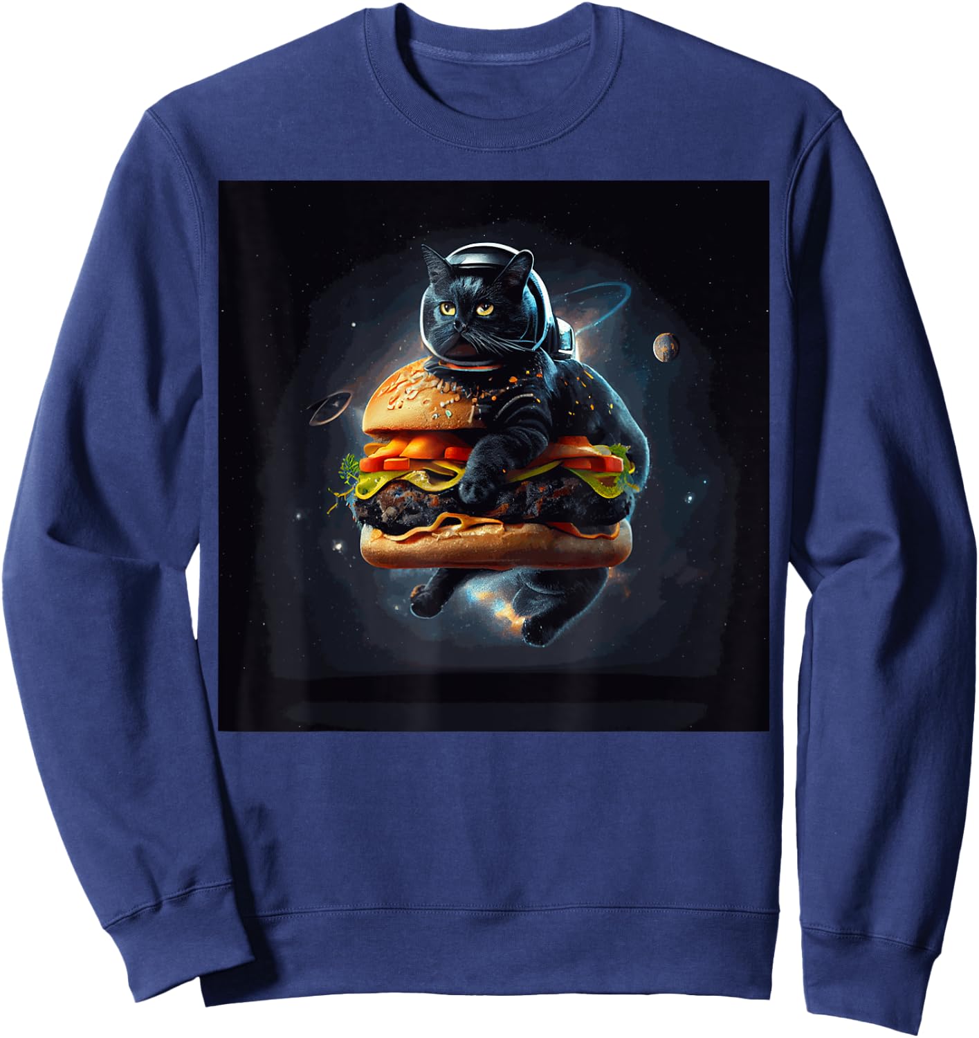 Funny Black Cat Astronaut Hamburger For Kids, Women, Men Sweatshirt - Sweatshirt | Navy