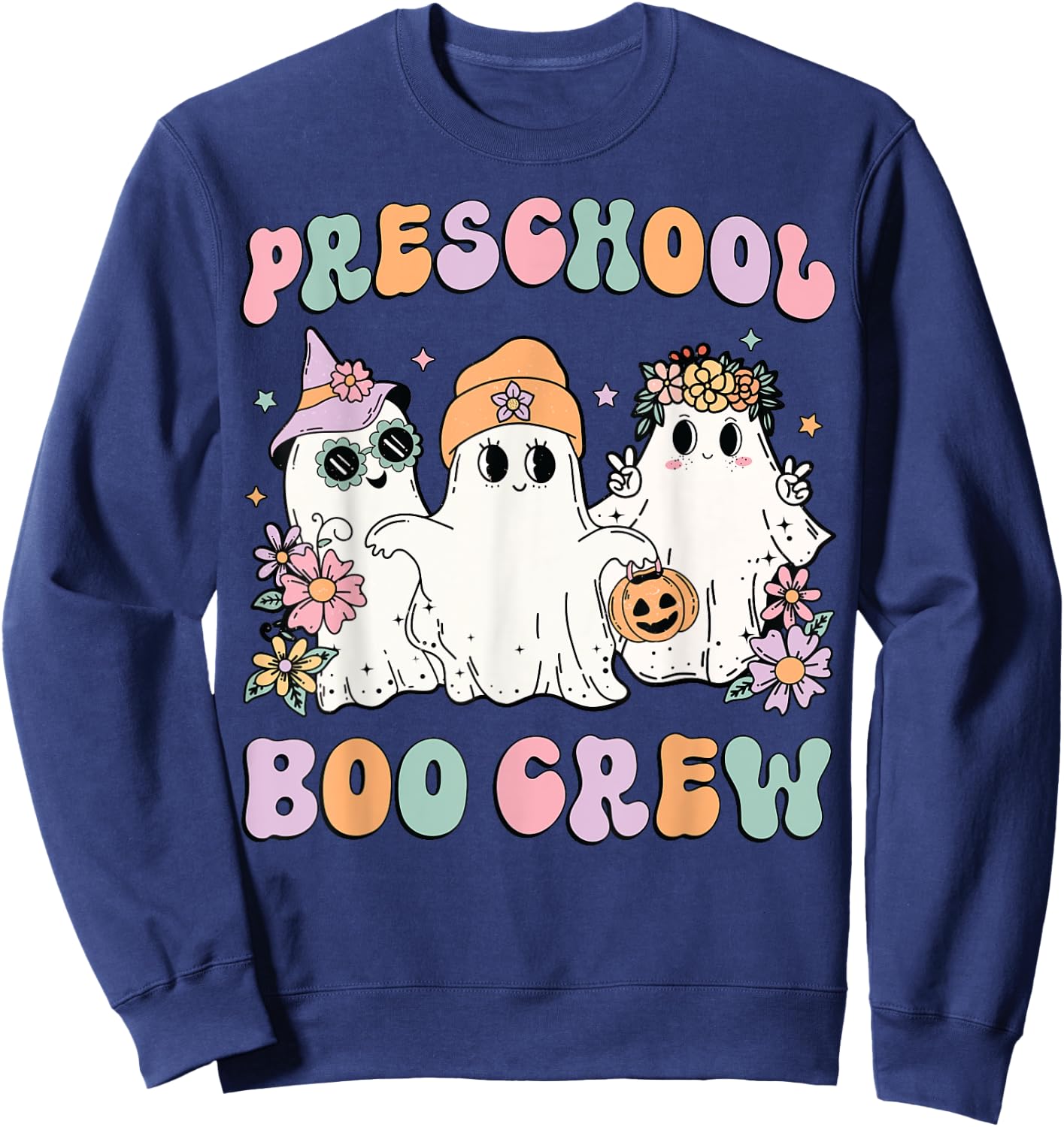 Preschool Boo Crew Groovy Halloween Floral Ghost Teacher Men Women Kids Sweatshirt - Sweatshirt | Navy