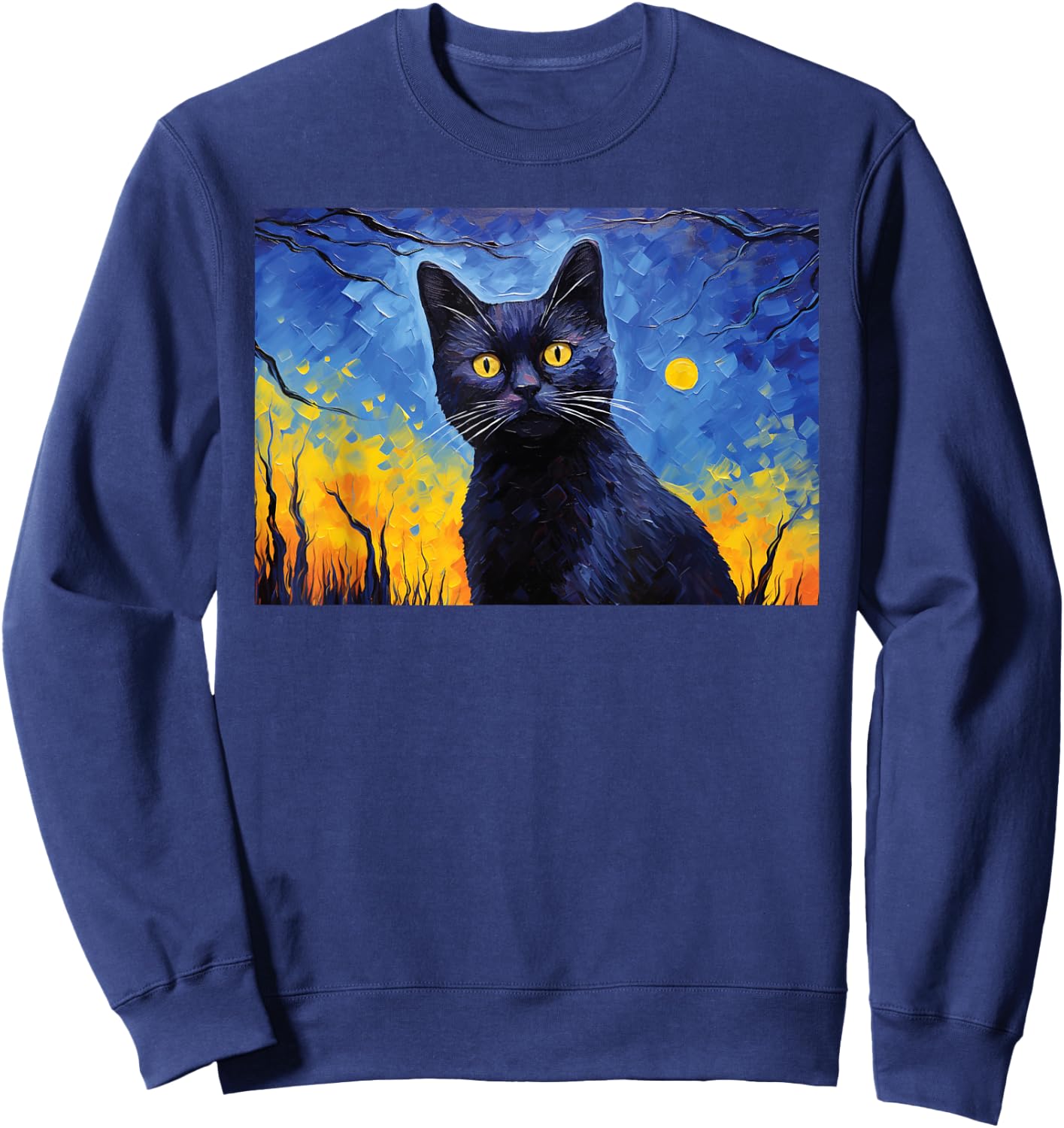 black cat Painting art Starry Night kitty kitten Van Gogh Men Women Kids Sweatshirt - Sweatshirt | Navy