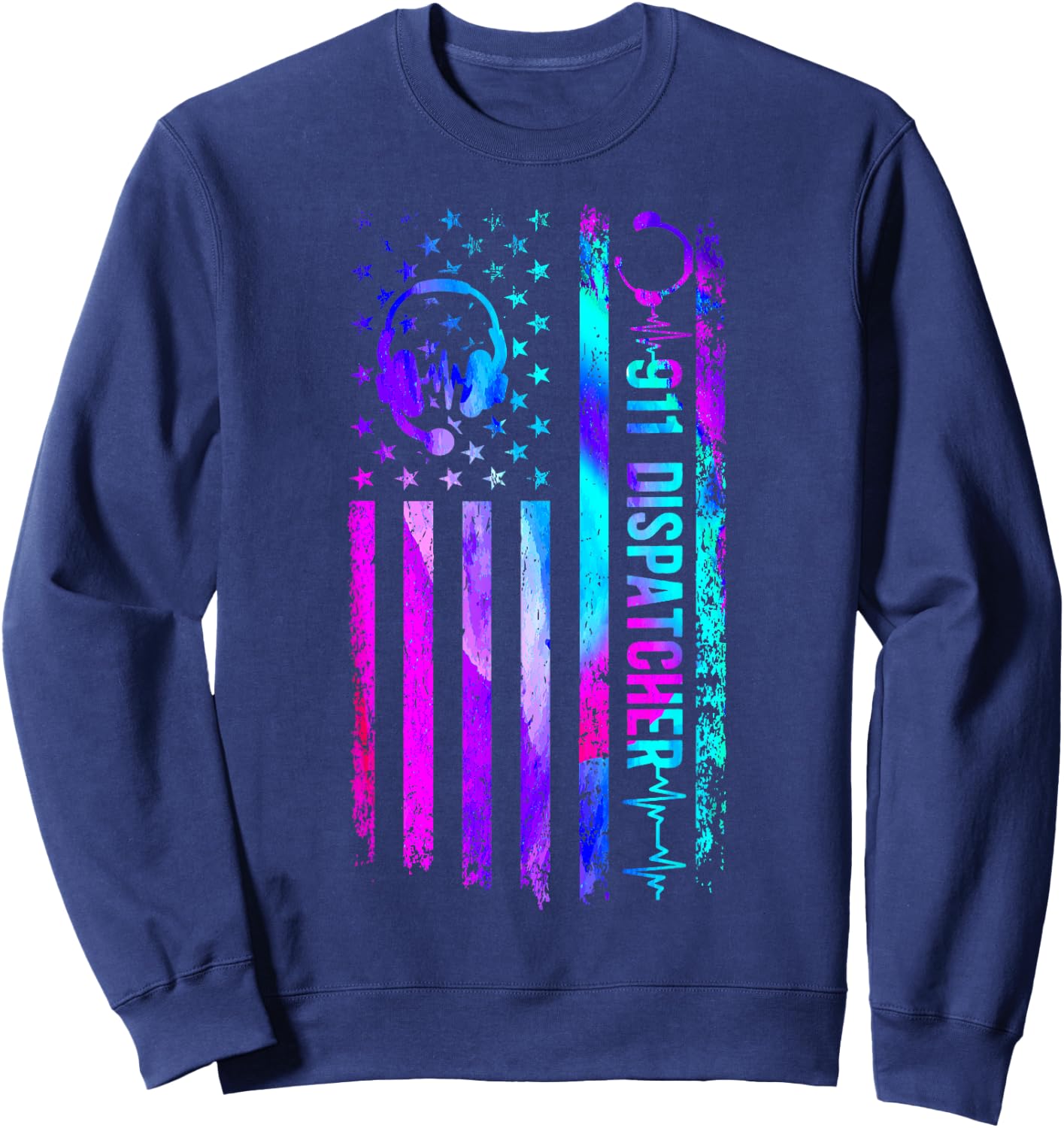 911 Dispatcher Thin Gold Yellow Line American Flag 911 Sweatshirt - Sweatshirt | Navy