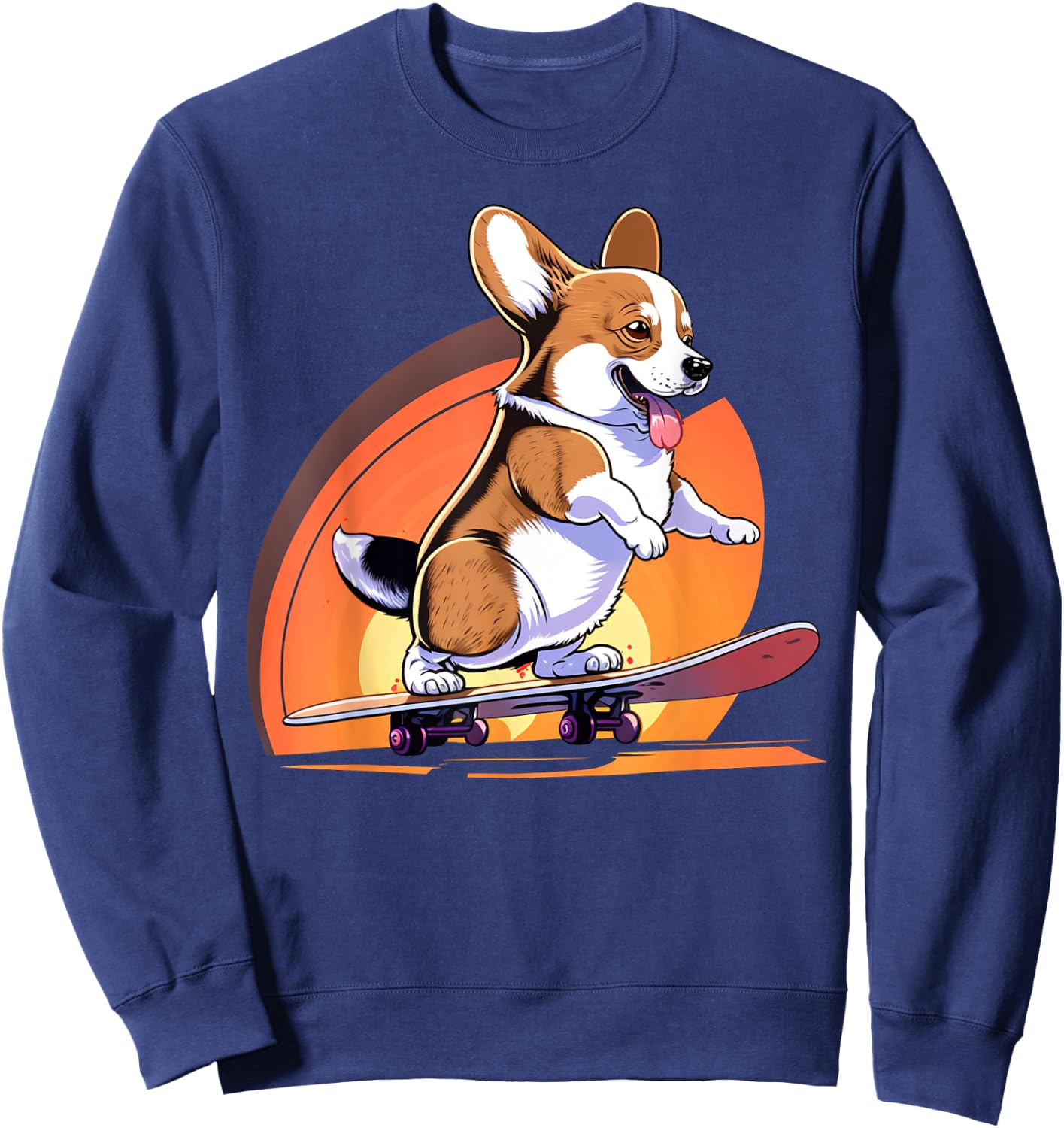 Awesome Rad Animals Kids & Adults Black Corgi Skateboarding Sweatshirt - Sweatshirt | Navy