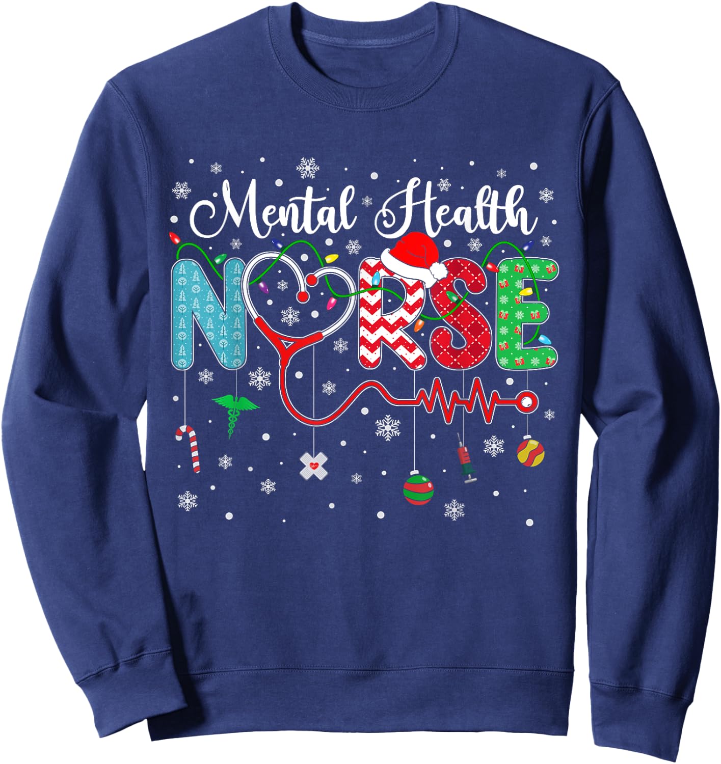 Merry Christmas Nurse Mental Health Nurse Christmas Pattern Sweatshirt - Sweatshirt | Navy