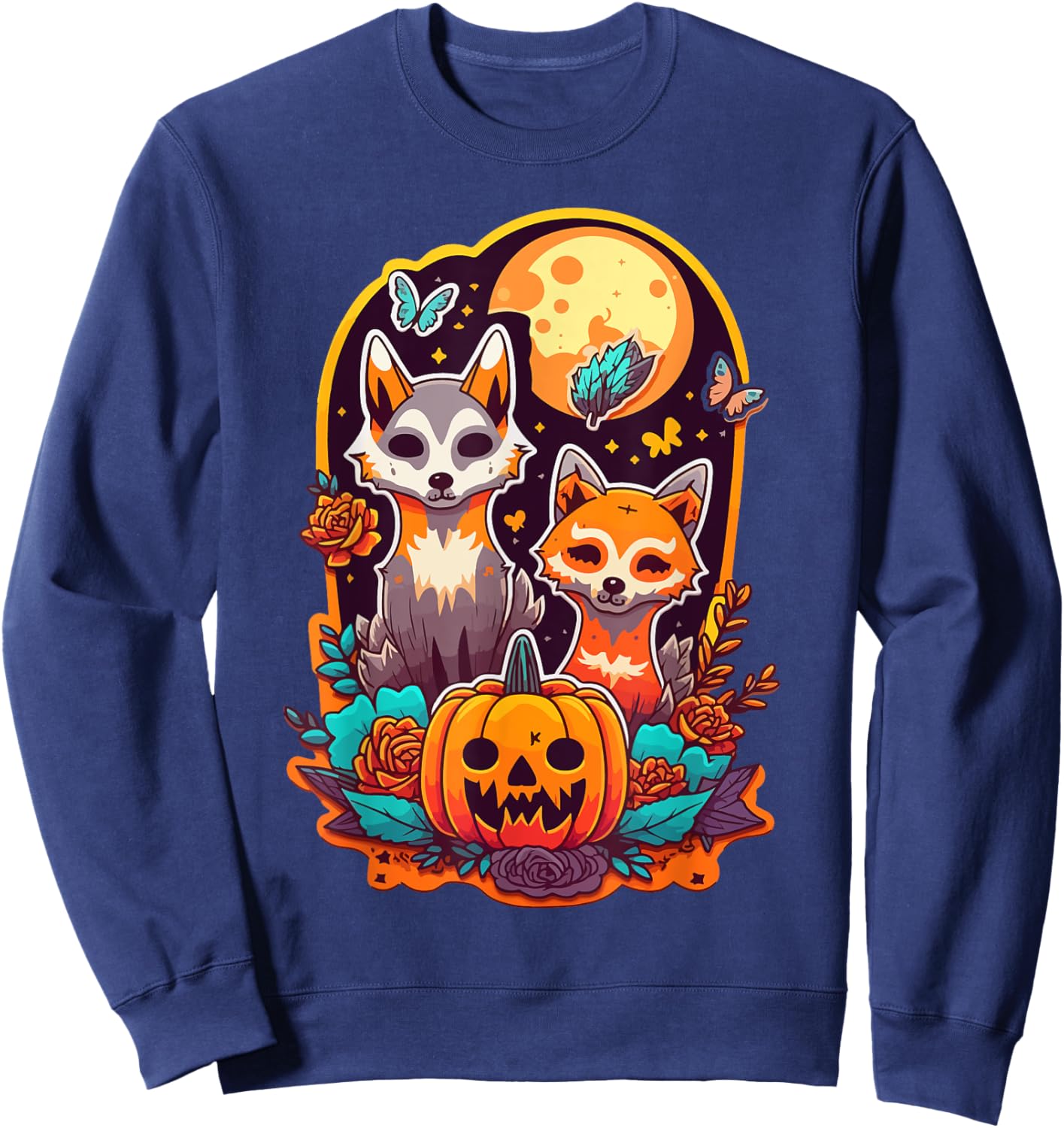 Sugar Skull Wolf Fox Cute Trick-or-treat Anime Halloween Sweatshirt - Sweatshirt | Navy