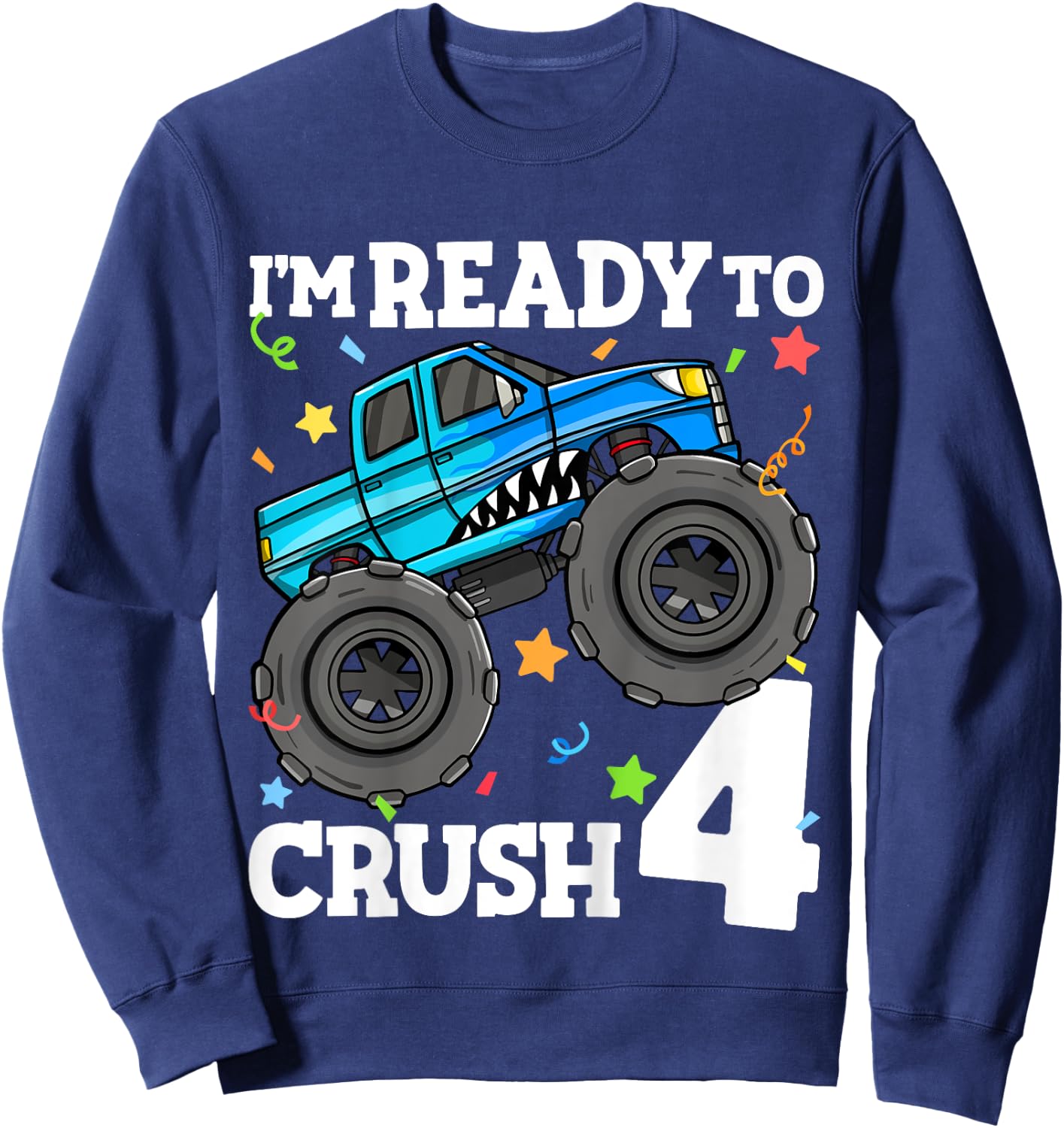 Kids Monster Truck Shark 4th Birthday Boy Toddler 4 Four Year Old Sweatshirt - Sweatshirt | Navy