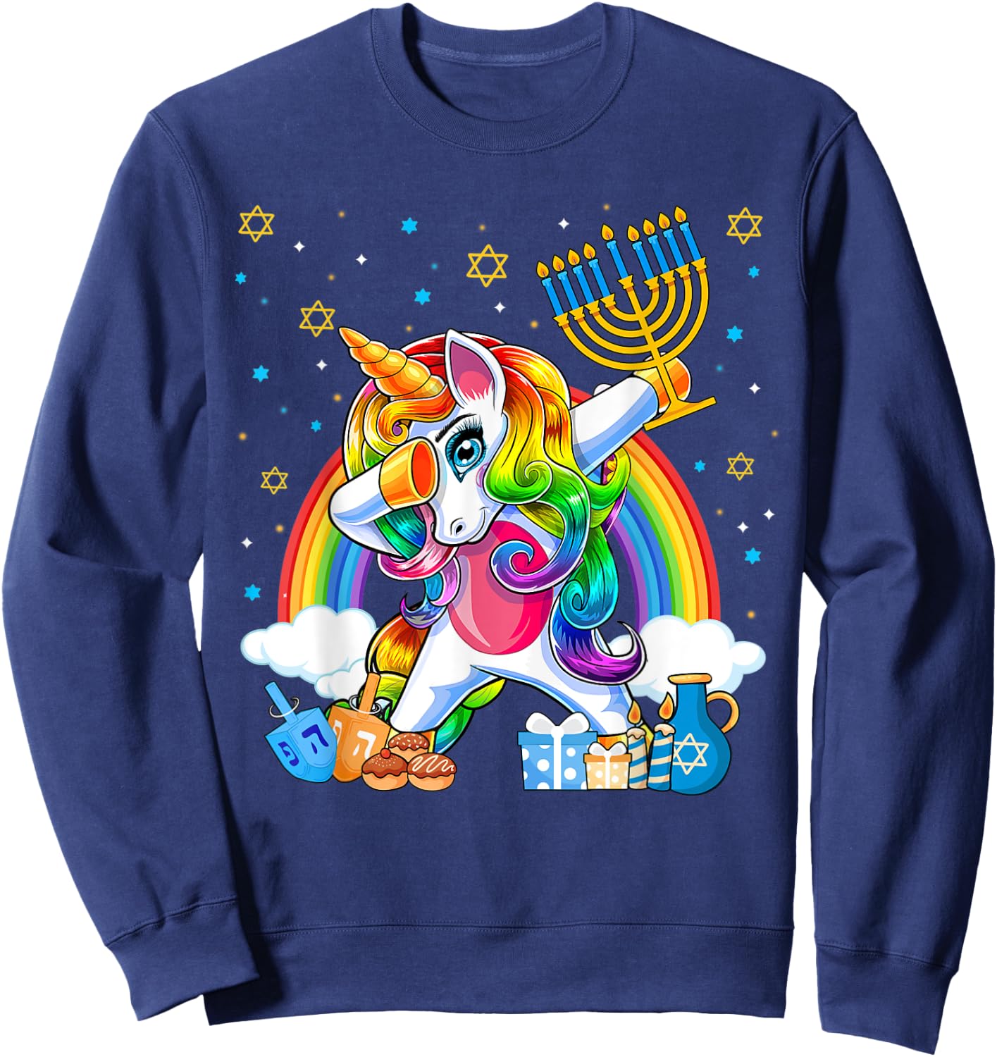 Happy Hanukkah Dabbing Unicorn Girls Chanukah Jewish Sweatshirt - Sweatshirt | Navy