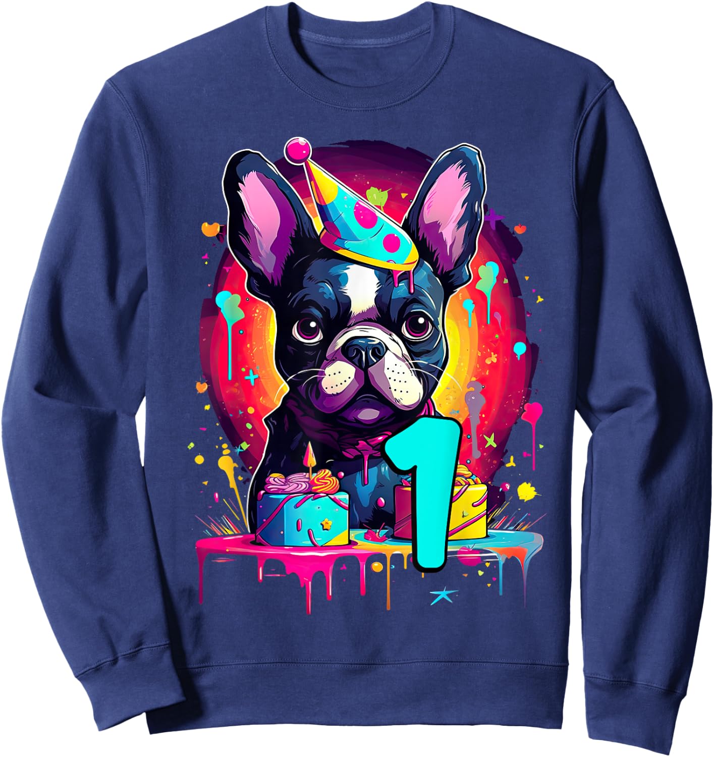 French Bulldog Dog 1st Birthday Themed Party 1 Years Old Men Women Girls Kids Sweatshirt - Sweatshirt | Navy