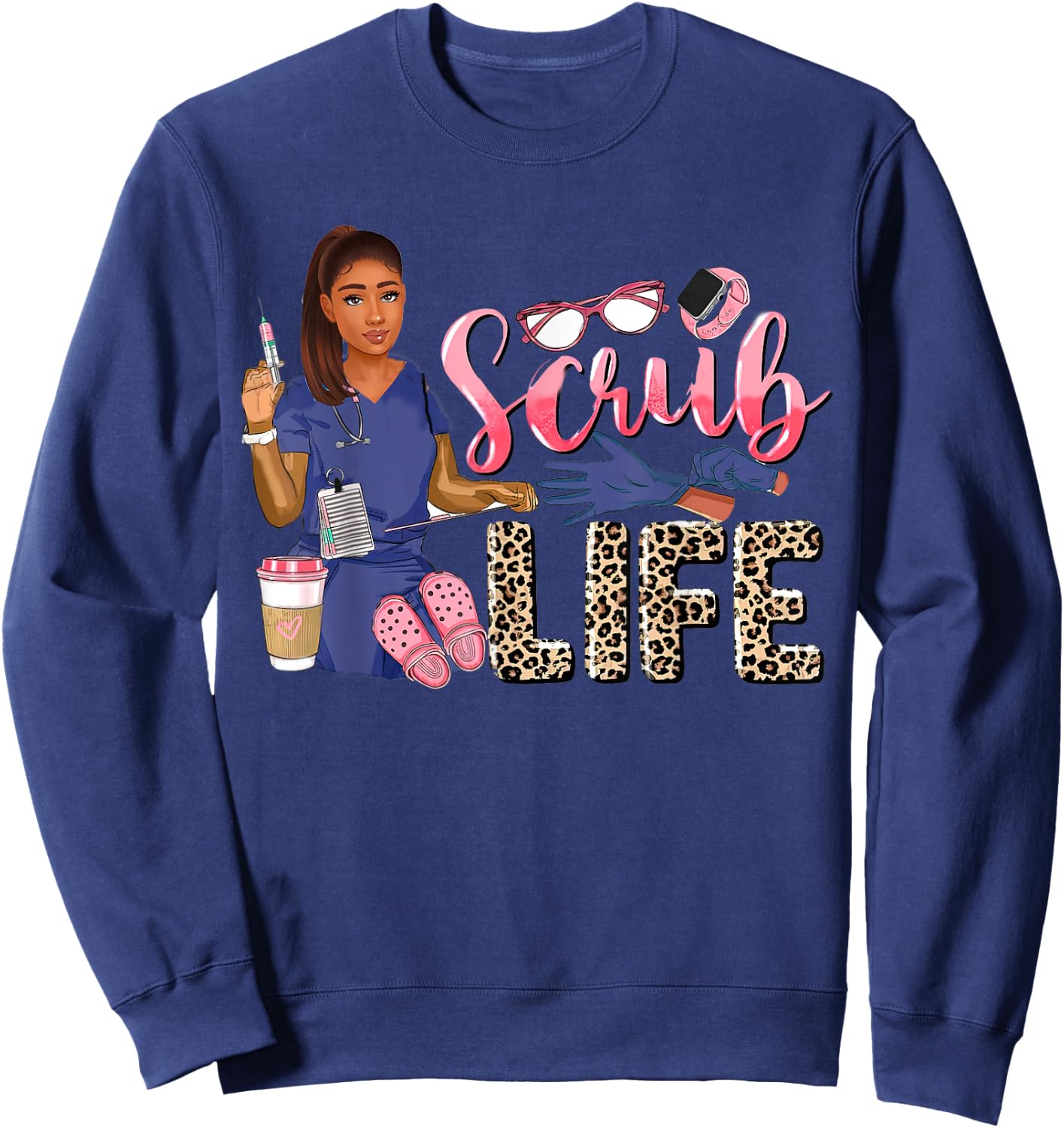 Scrub Life African American Women Leopard Nurse Clothing Sweatshirt - Sweatshirt | Navy