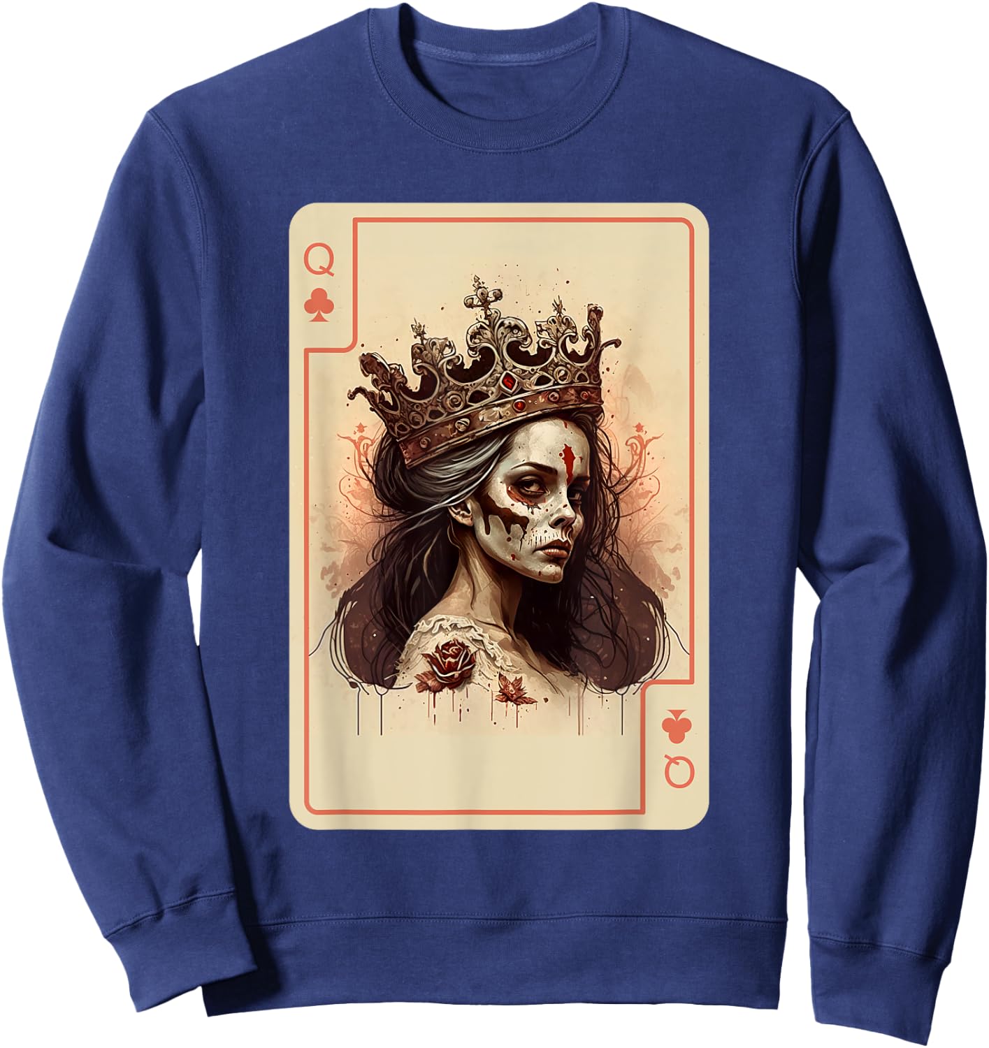 Gothic Halloween Card Game Creepy Poker Cards Queen of Clubs Sweatshirt - Sweatshirt | Navy