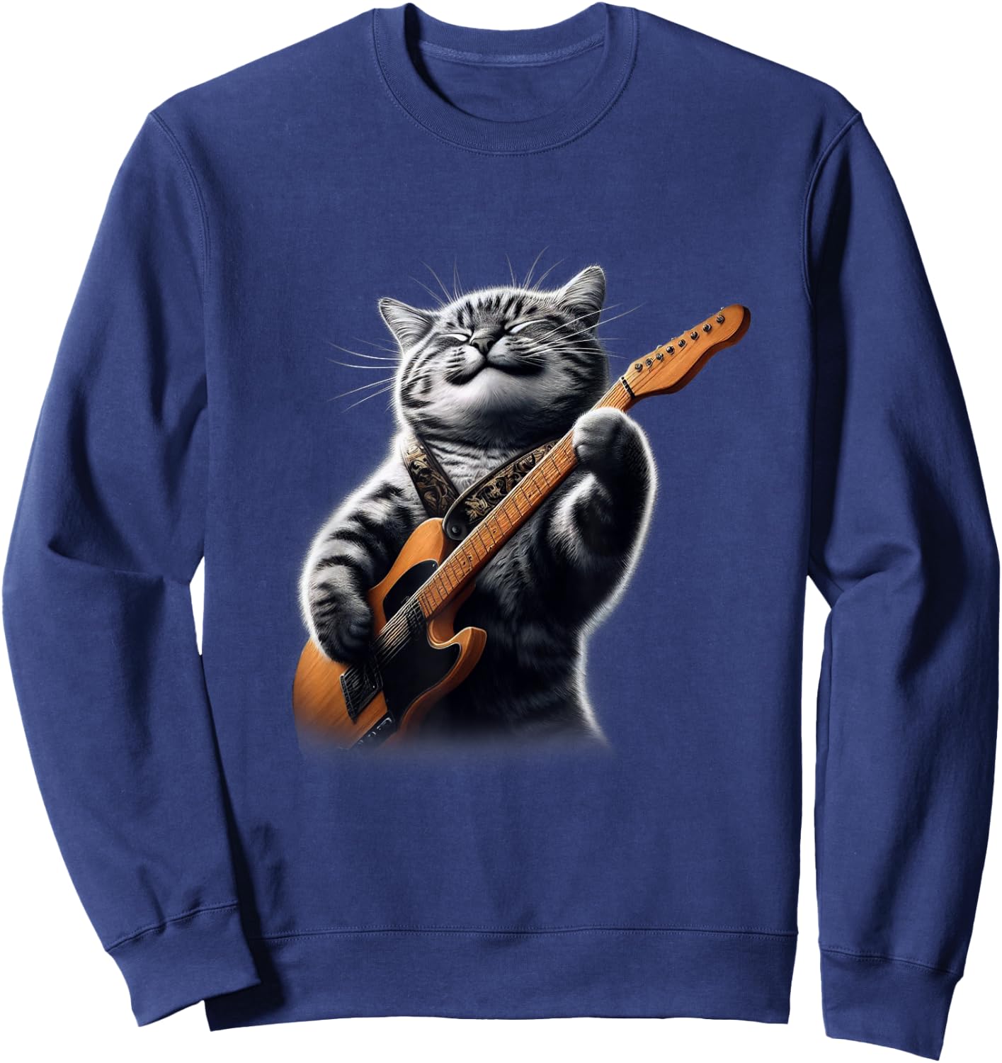 Cat Playing Guitar - Funny Rock Music Guitar Cat Men Women Kids Sweatshirt - Sweatshirt | Navy