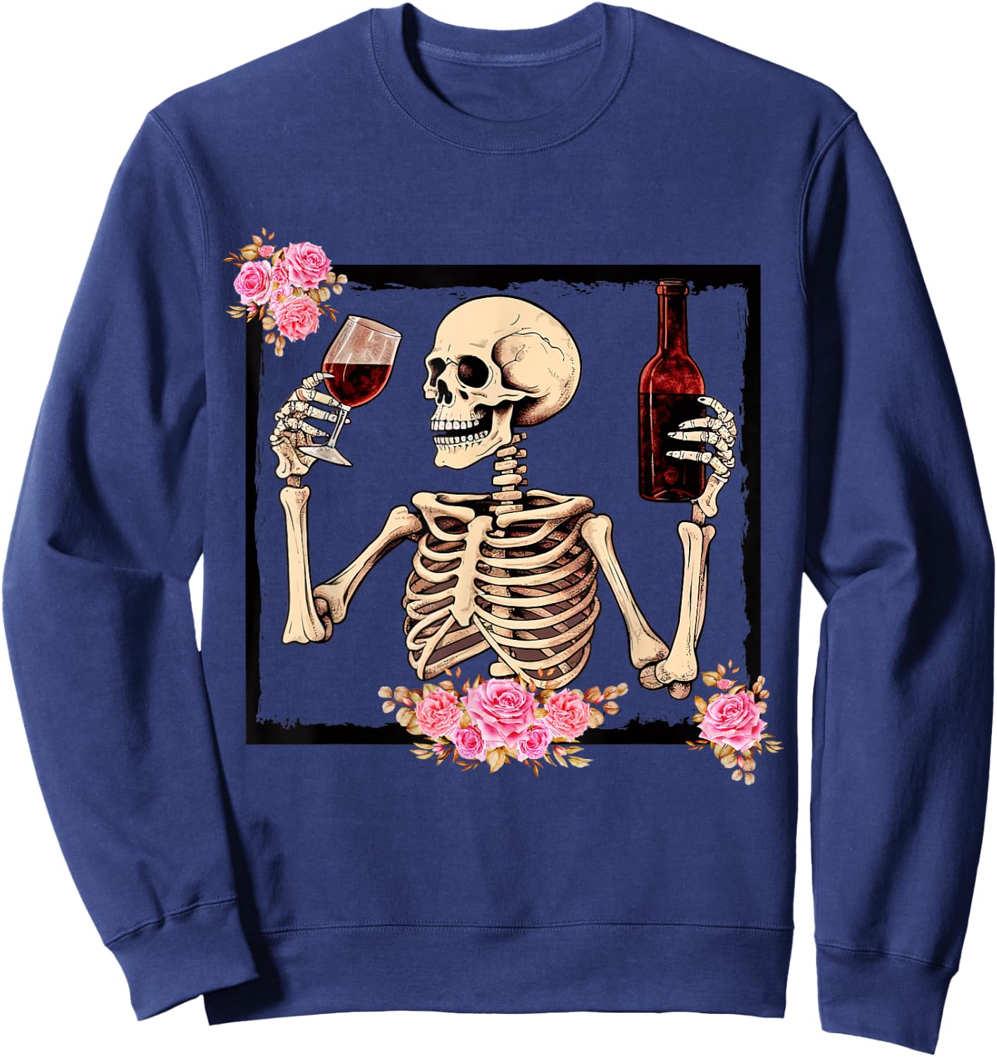 Halloween Funny Hallo-Wine Floral Skeleton Drinking Wine Sweatshirt - Sweatshirt | Navy