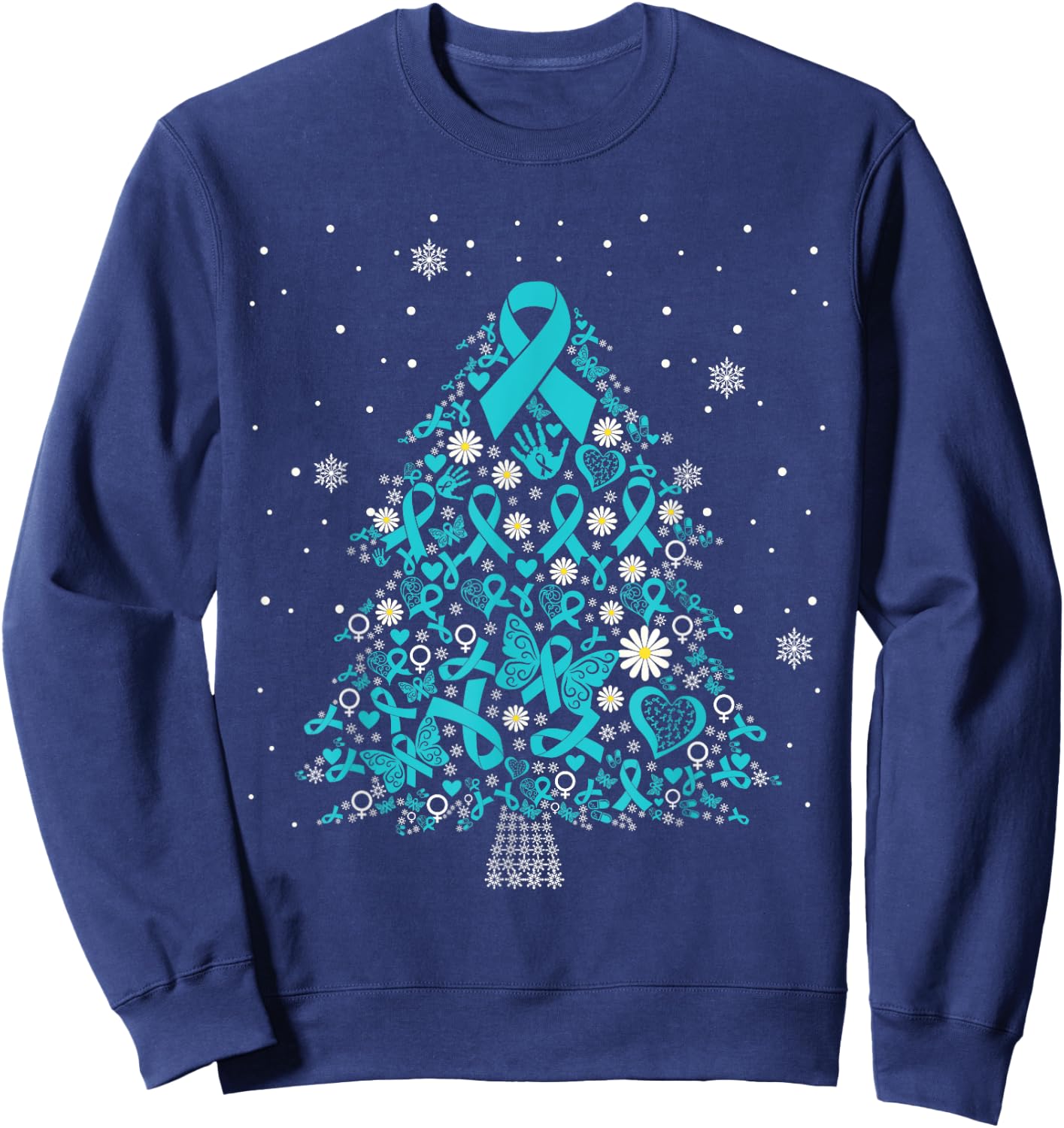 ovarian cancer awareness Christmas tree teal ribbon Sweatshirt - Sweatshirt | Navy