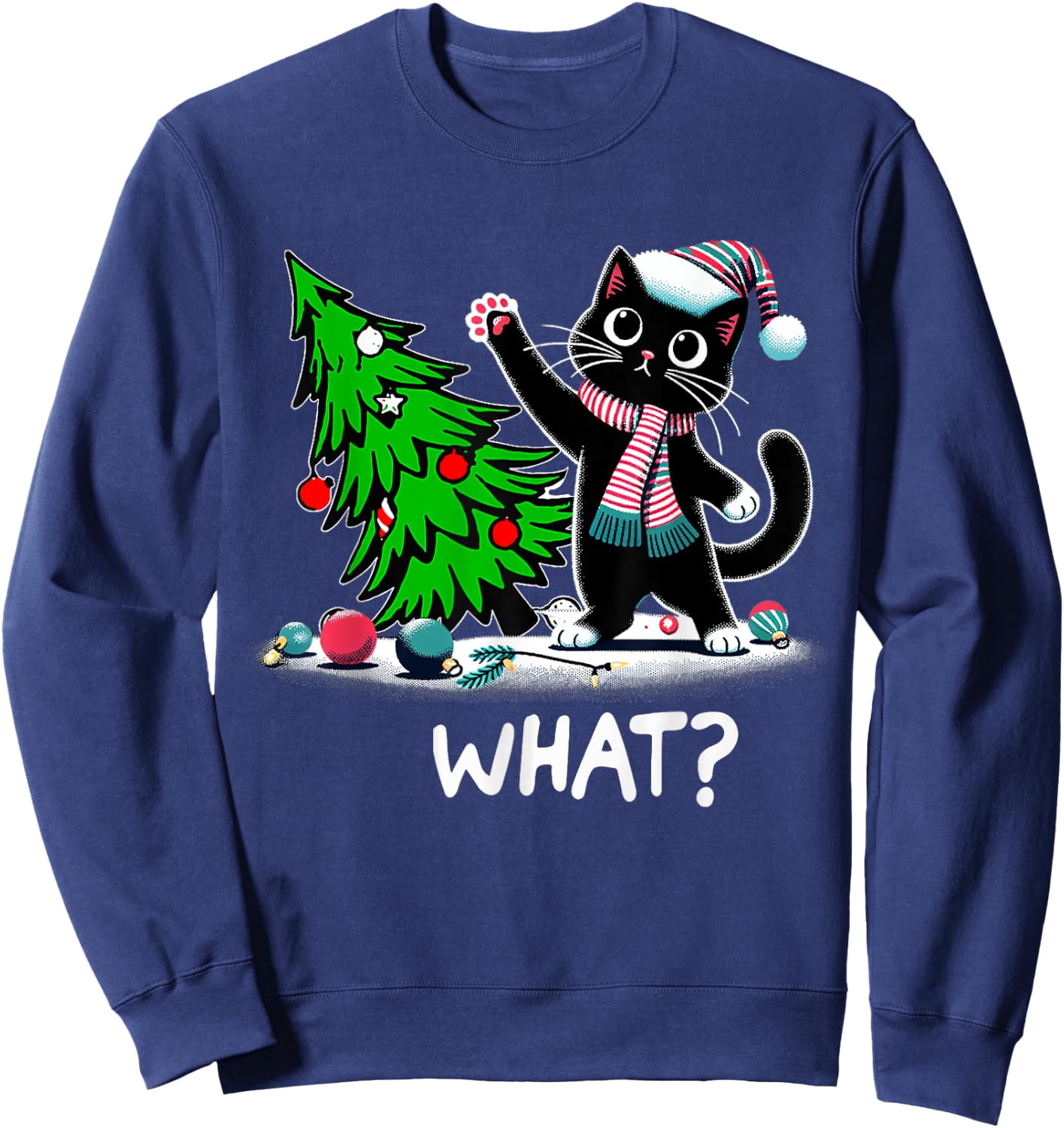 Black Cats Lovers Funny Black Cat Christmas Tree Lights What Men Women Kids Sweatshirt - Sweatshirt | Navy