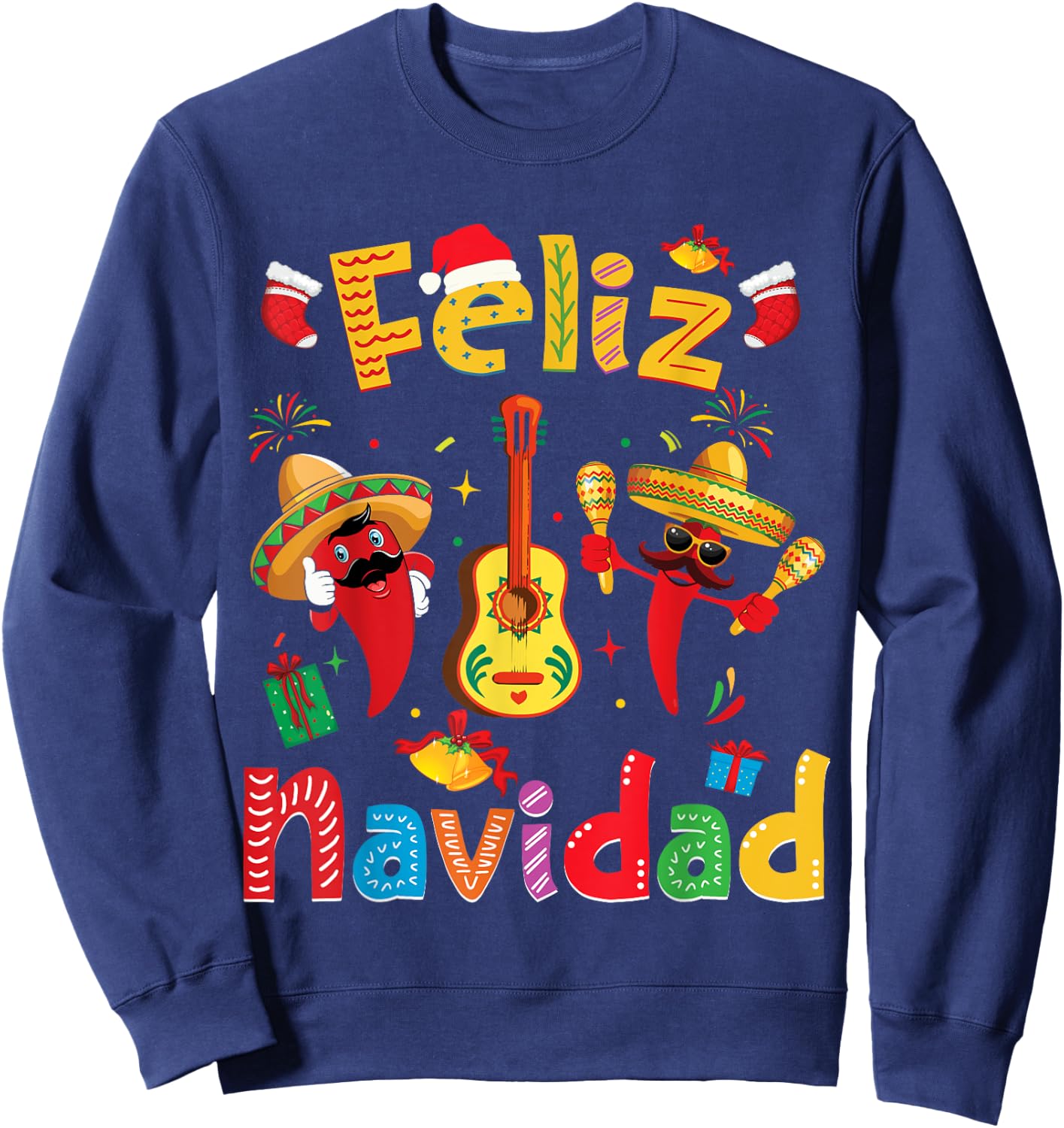 Feliz Navidad Mexican Fiesta Hot Pepper Guitar Xmas Party Sweatshirt - Sweatshirt | Navy
