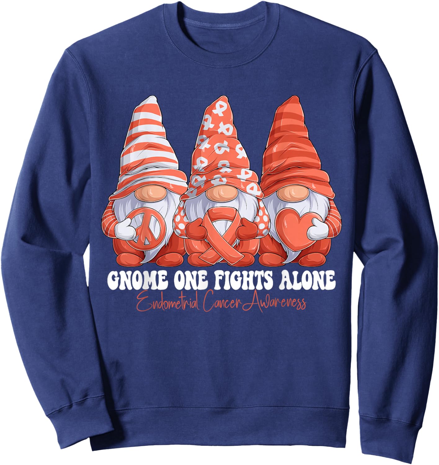 Endometrial Cancer Awareness Month Peach Ribbon Gnomies Sweatshirt - Sweatshirt | Navy