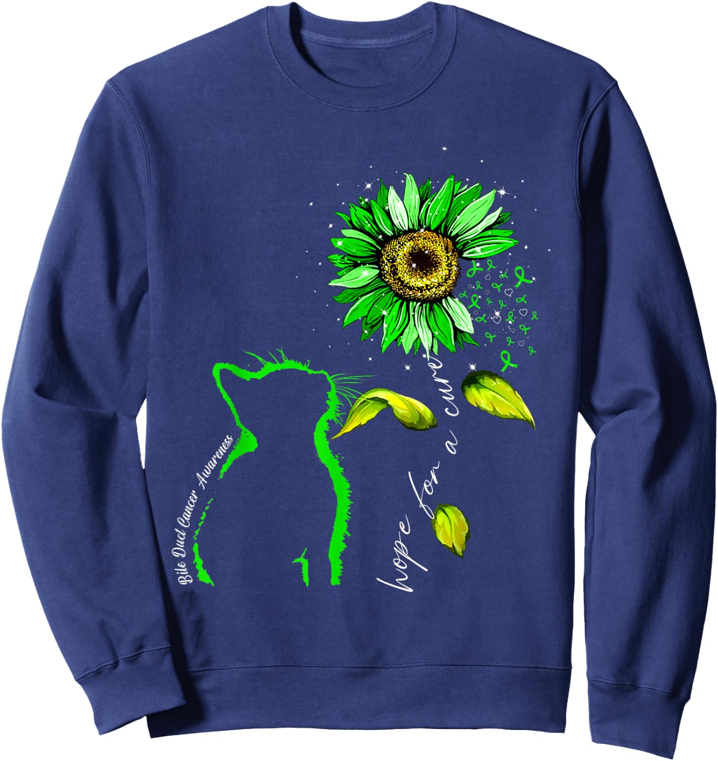 Sunflower Cat Green Bile Duct Cancer Awareness Sweatshirt - Sweatshirt | Navy