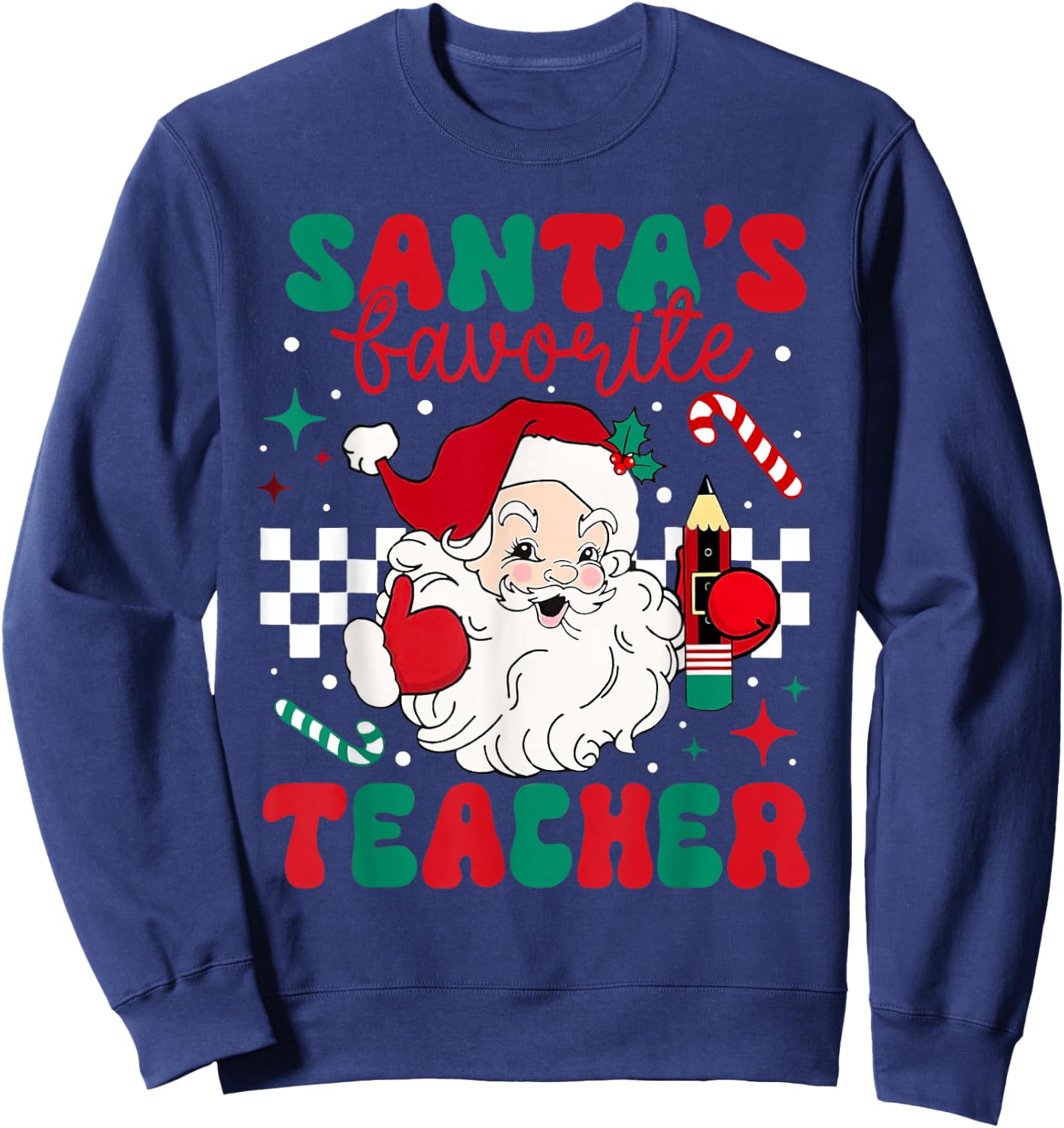 Santa's Favorite Teacher Christmas Retro Xmas Santa Claus PJ Sweatshirt - Sweatshirt | Navy