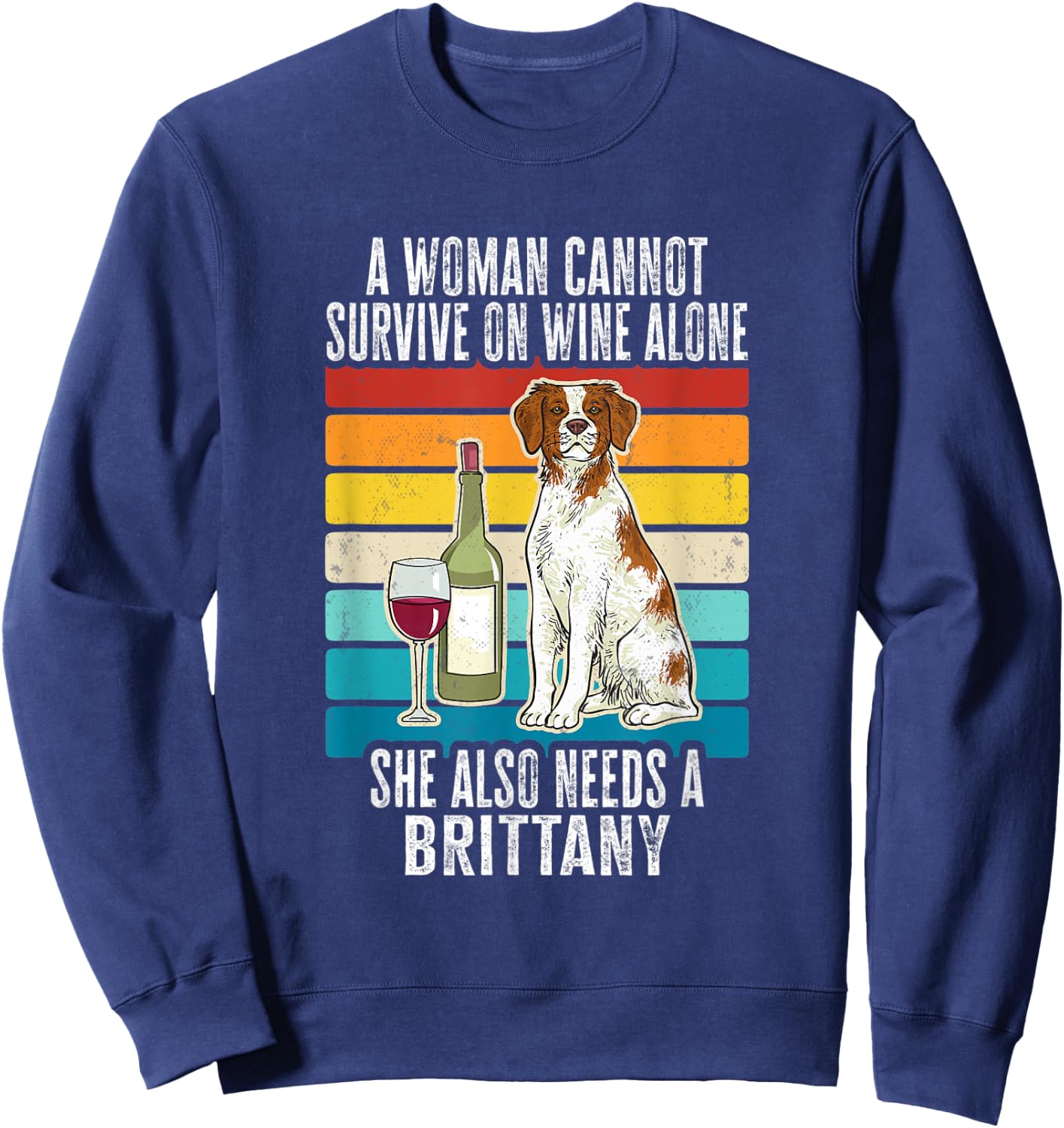Brittany Spaniel Wine Retro Vintage Brittany Dog Men Women Sweatshirt - Sweatshirt | Navy
