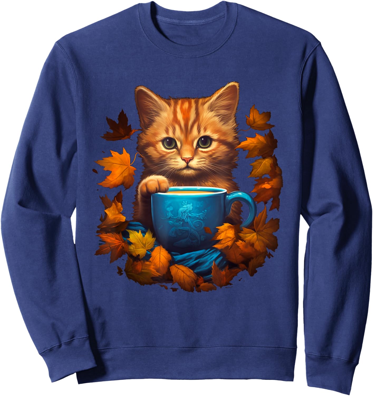 Funny Cat & Coffee Fall Autumn Leaves For Cat Lovers Costume Men Women Sweatshirt - Sweatshirt | Navy