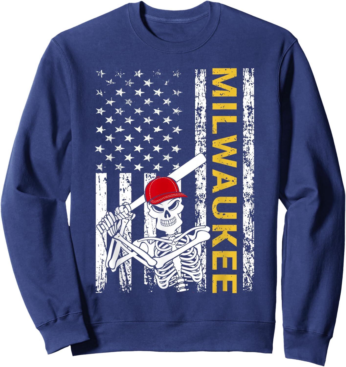 Milwaukee Halloween US Flag Skeleton Baseball Players Sweatshirt - Sweatshirt | Navy