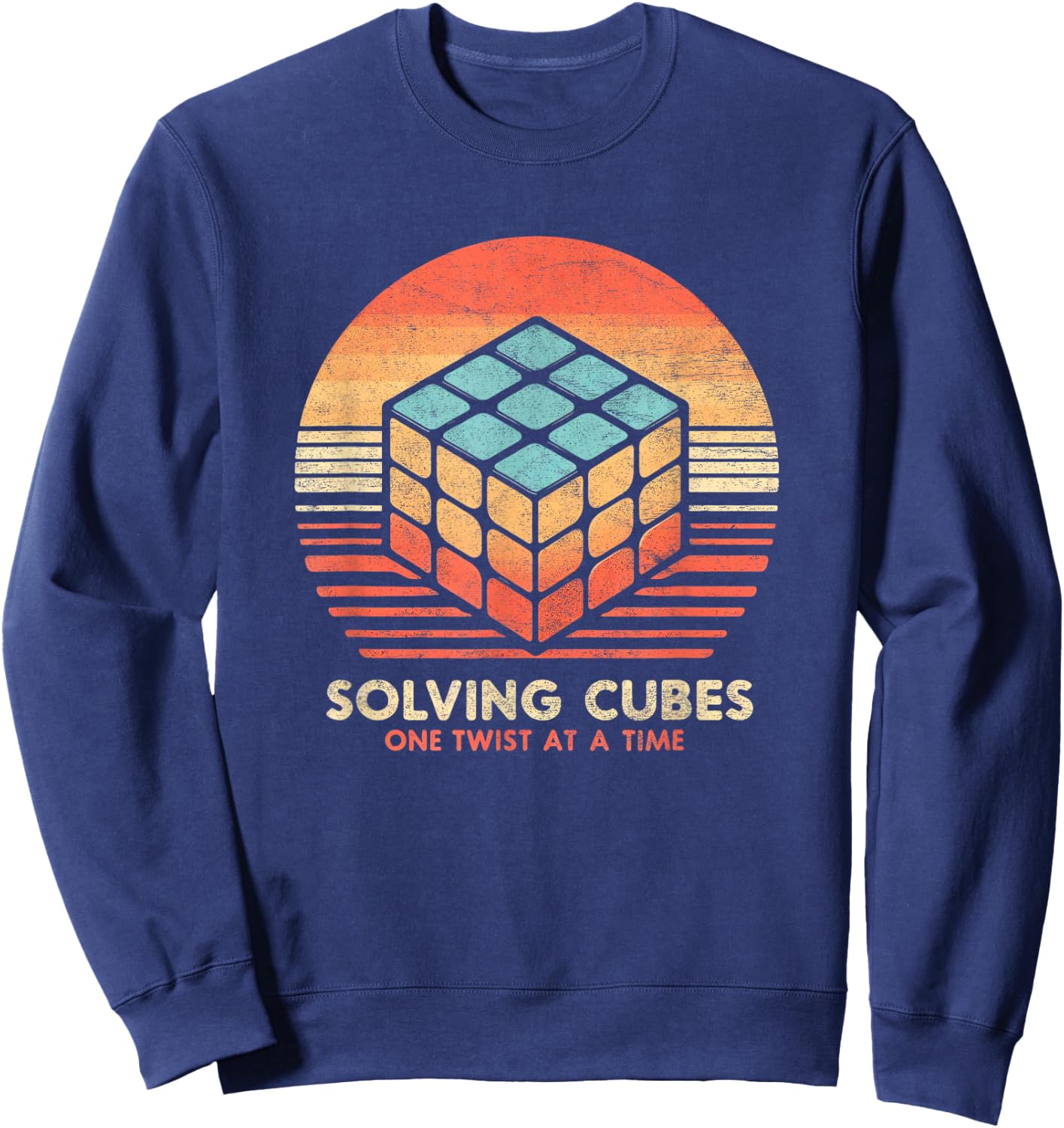 Vintage Sunset Solving Cubes Speed cubing 70's Cool Math Sweatshirt - Sweatshirt | Navy