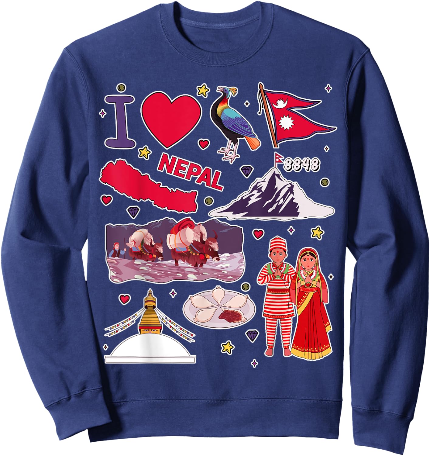 Nepali hand drawn landmarks, Nepal map, cultural icons Sweatshirt - Sweatshirt | Navy