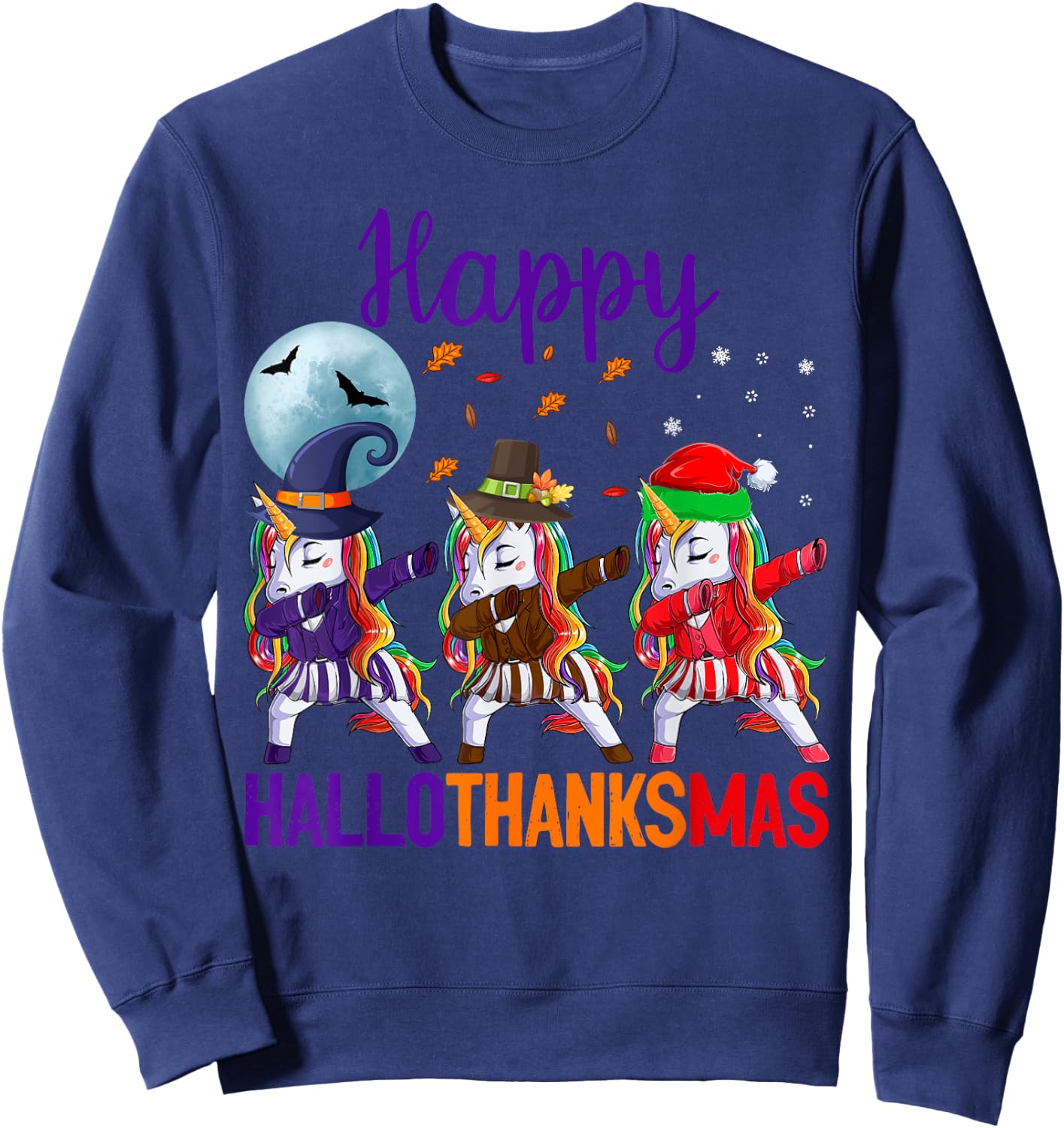 Happy Hallothanksmas Dabbing Unicorn Halloween Thanksgiving Sweatshirt - Sweatshirt | Navy