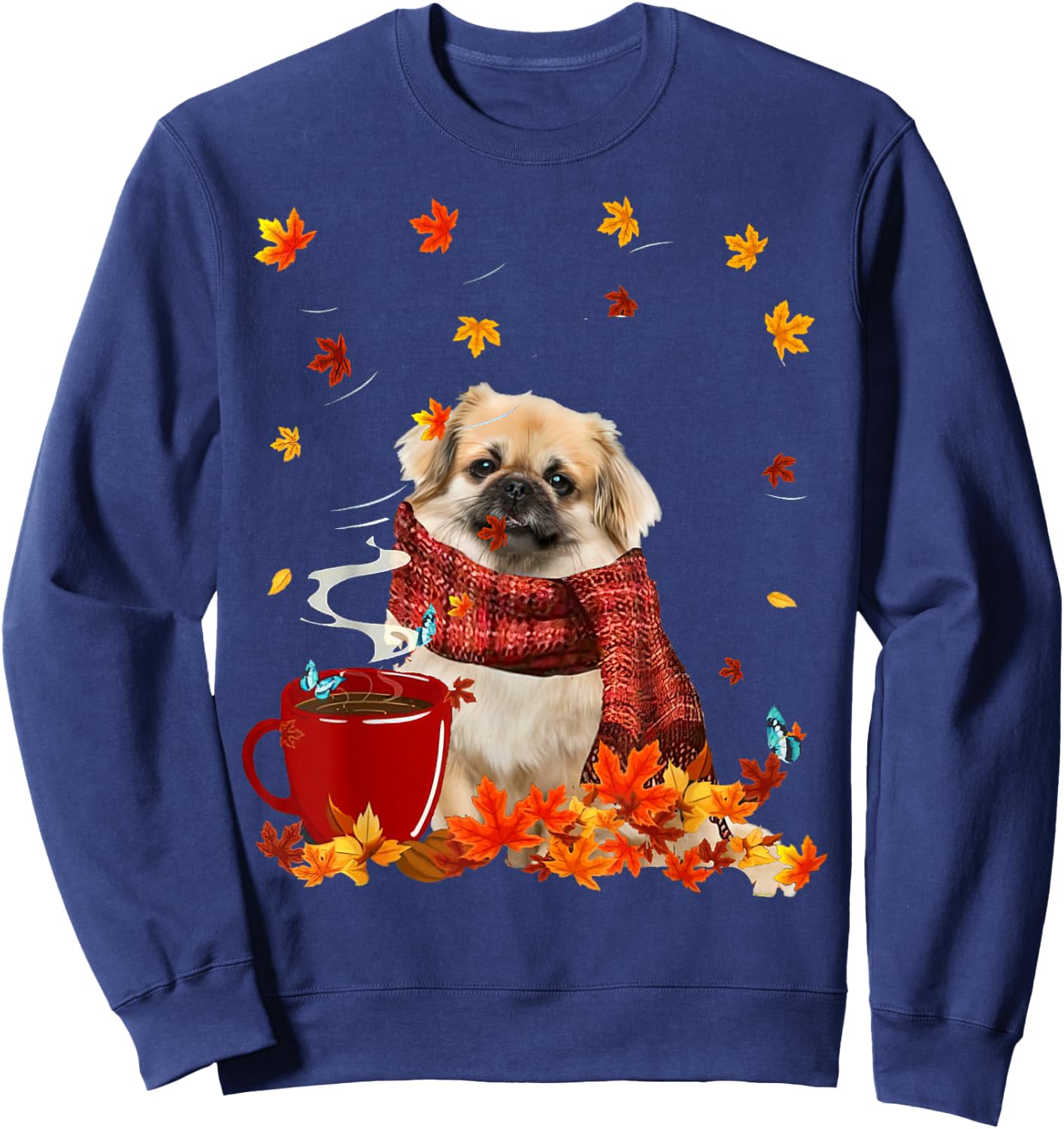 Tibetan Spaniel Fall Red Scarf Autumn Leaf For Dog Lover Men Women Sweatshirt - Sweatshirt | Navy