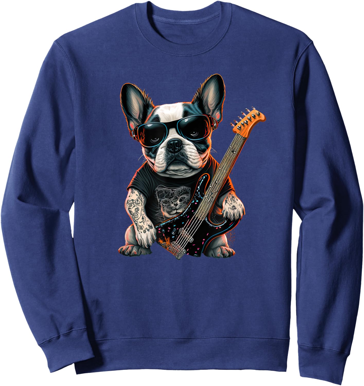 Funny French Bulldog Frenchie Rock and Roll Music Rocker Sweatshirt - Sweatshirt | Navy