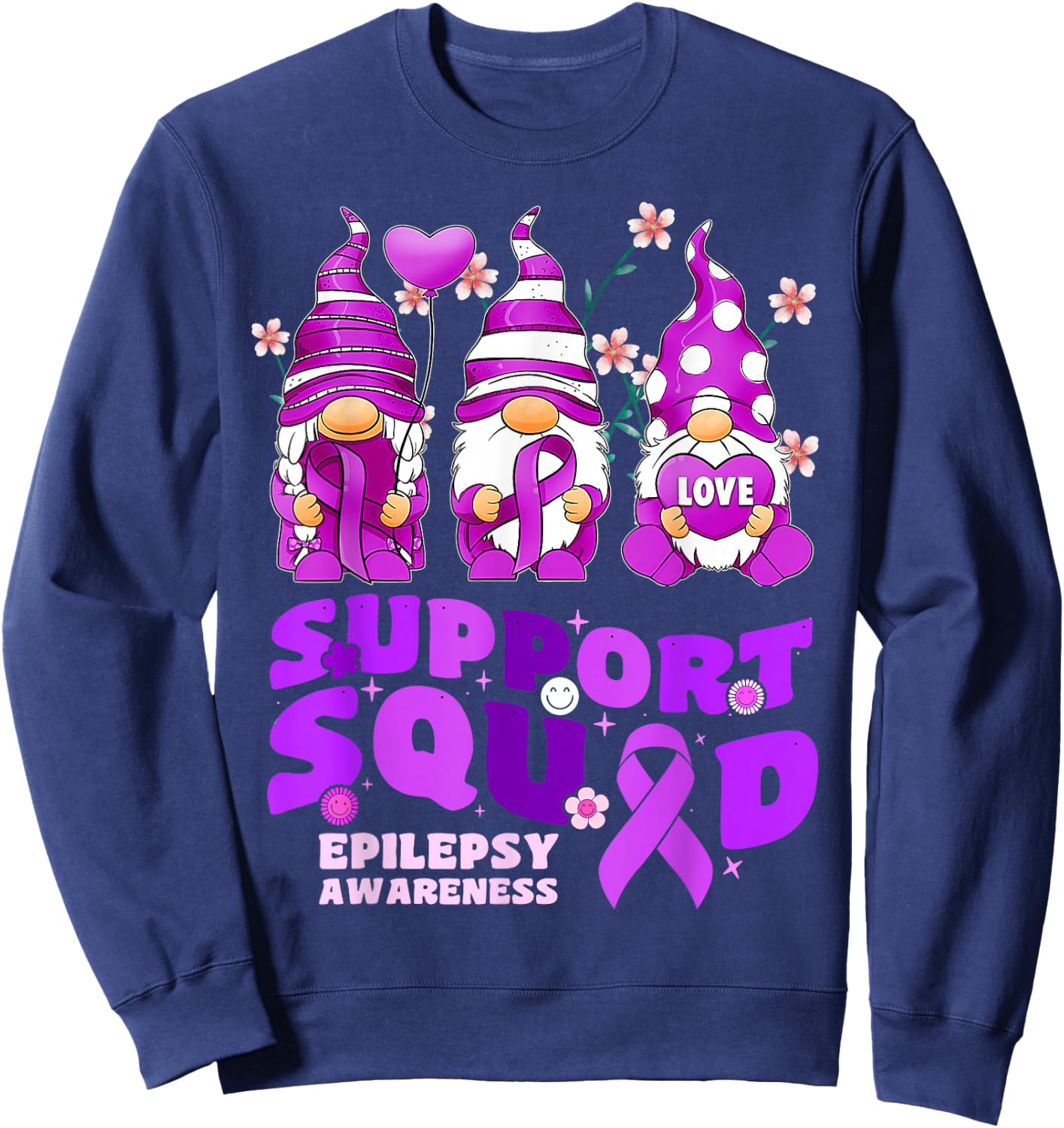 Support Squad Epilepsy Awareness Gnome Ribbon Flower Groovy Sweatshirt - Sweatshirt | Navy