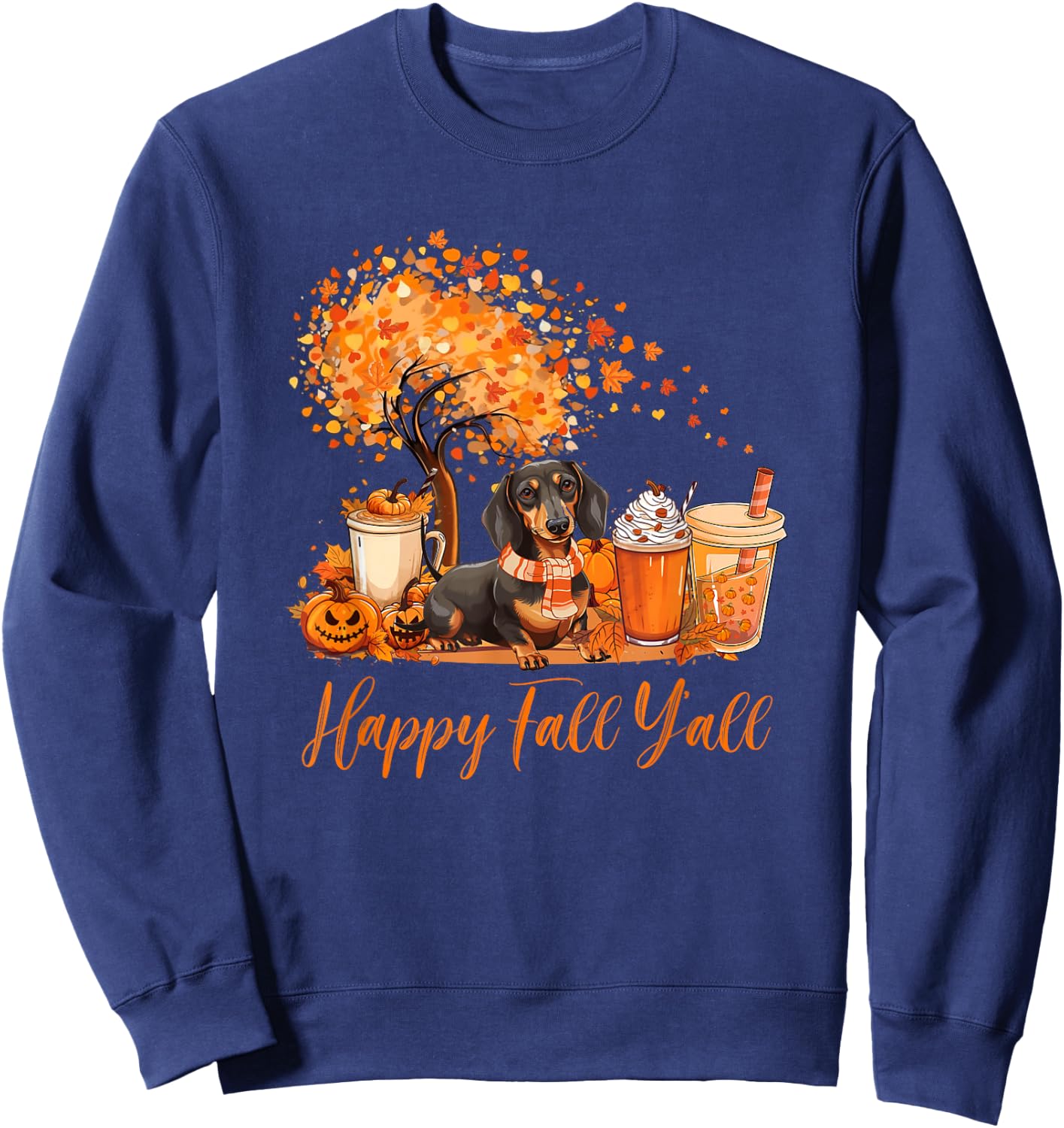 Happy Fall Y'all Dachshund Autumn Pumpkin Spice Latte Sweatshirt - Sweatshirt | Navy