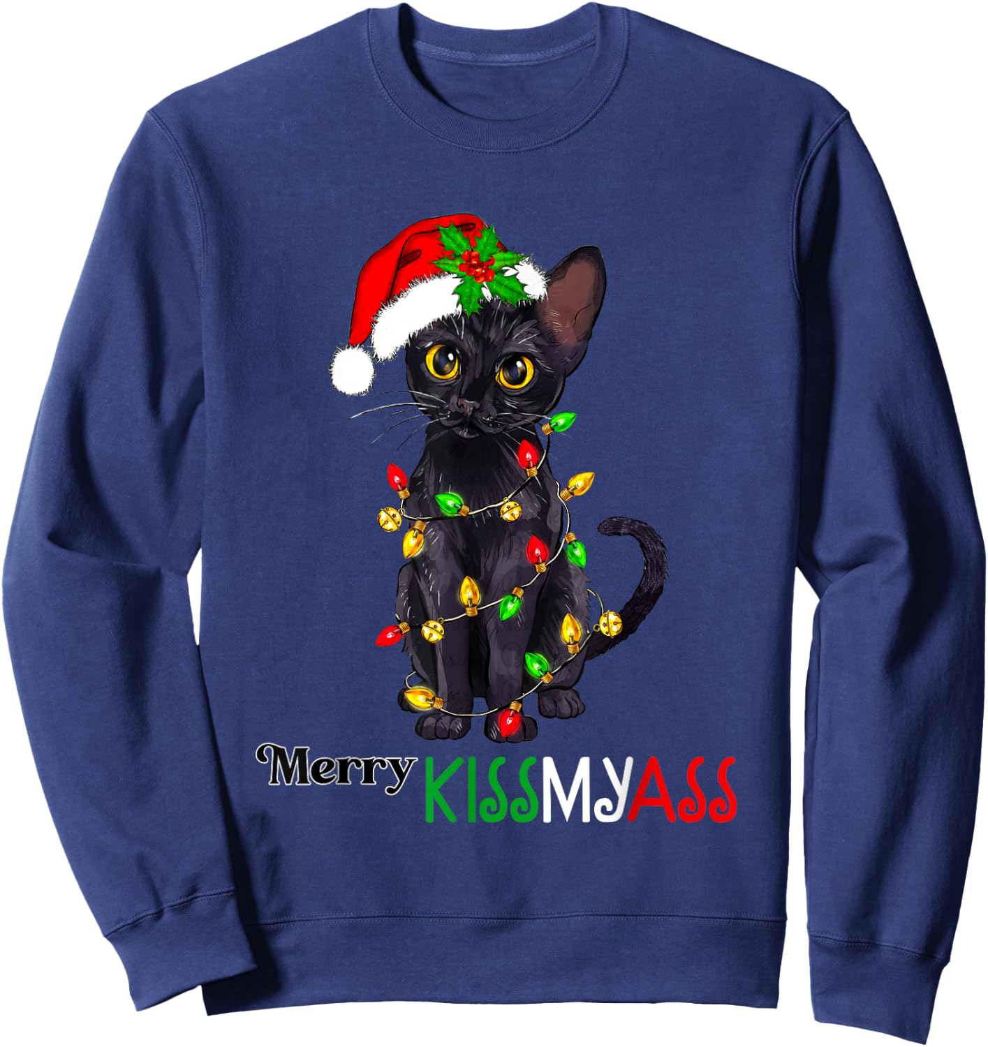 Funny Black Cat Merry Kissmyass Xmas Pajamas Chritsmas Women Sweatshirt - Sweatshirt | Navy