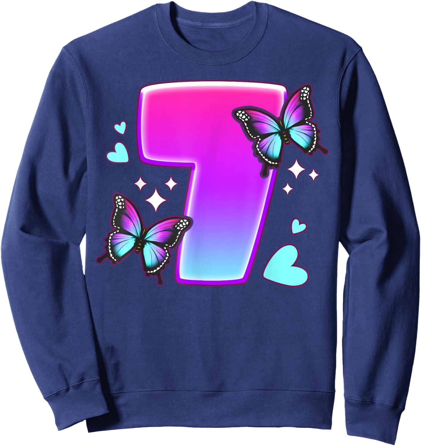 Birthday Girl 7 Years, Butterflies and Number 7 Sweatshirt - Sweatshirt | Navy