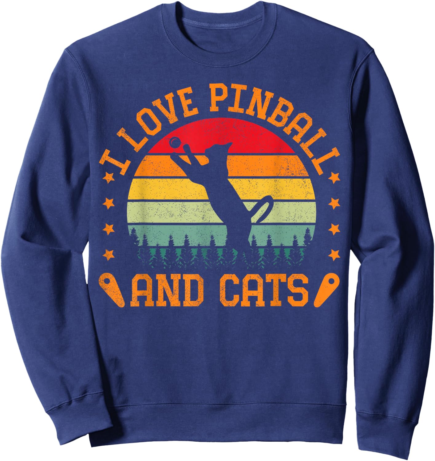 Retro Sunset I Love Pinball And Cats Pinball Machine Gamer Sweatshirt - Sweatshirt | Navy