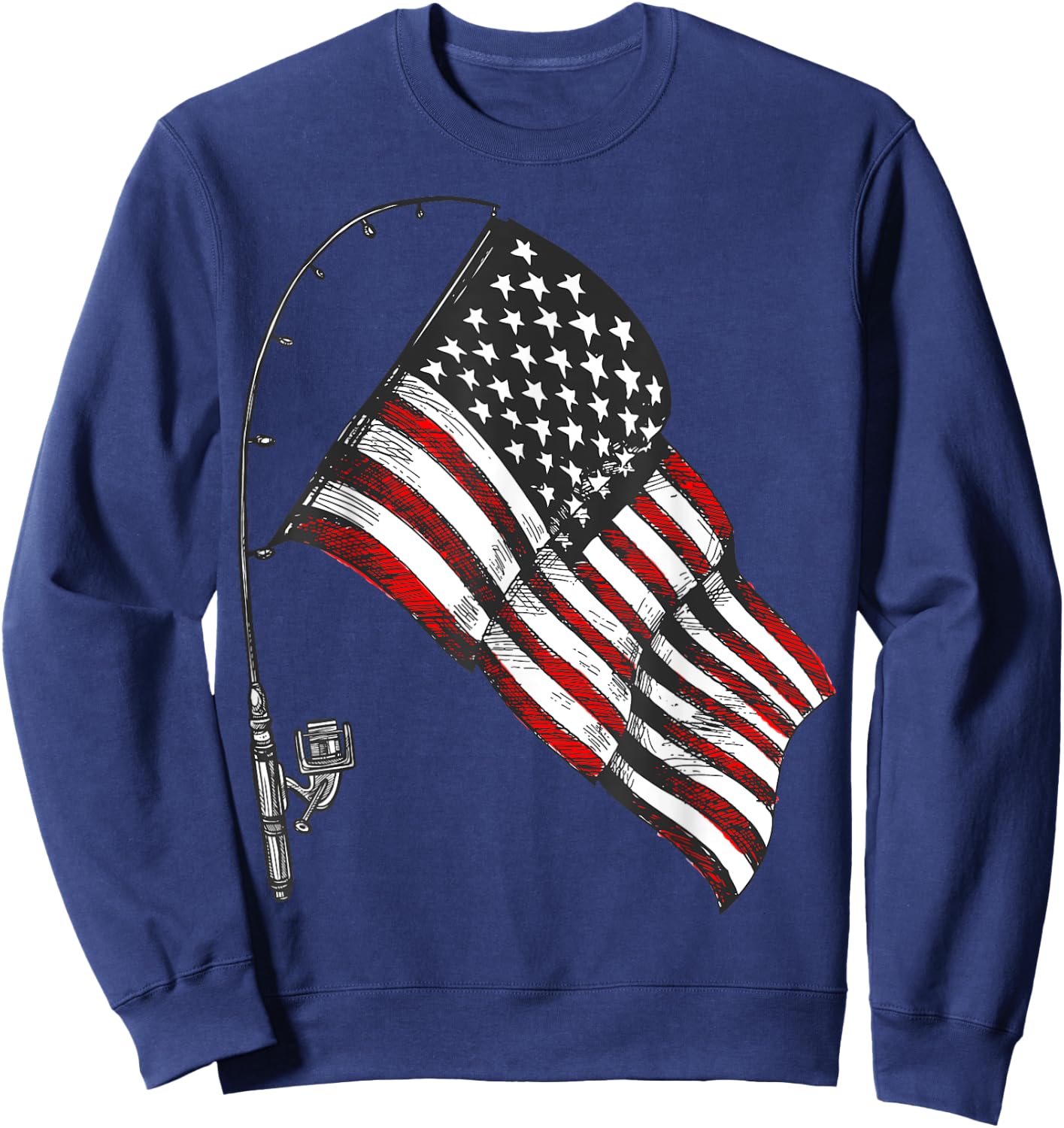 Vintage American Flag Fishing Rod Fishing Lover Fisherman Sweatshirt - Sweatshirt | Navy