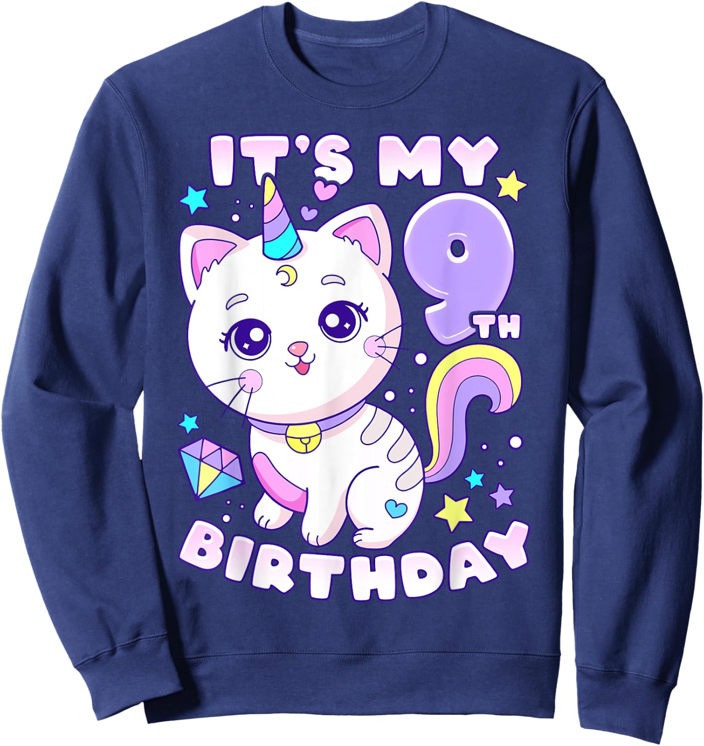 Birthday girl 9 years old, cat, unicorn, 9th birthday Sweatshirt - Sweatshirt | Navy