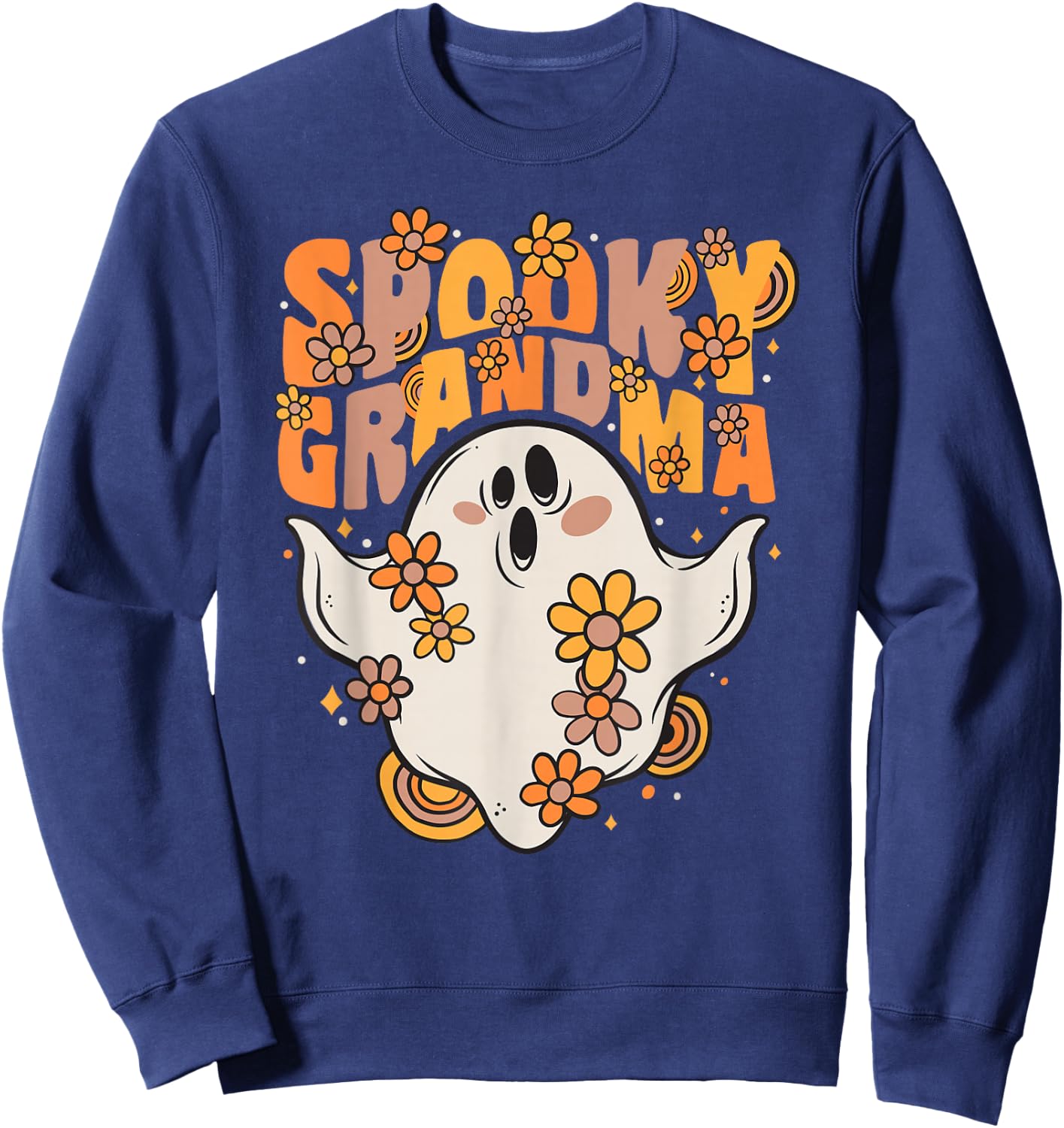Spooky Grandma Groovy Ghost With Vintage Flowers Halloween Sweatshirt - Sweatshirt | Navy