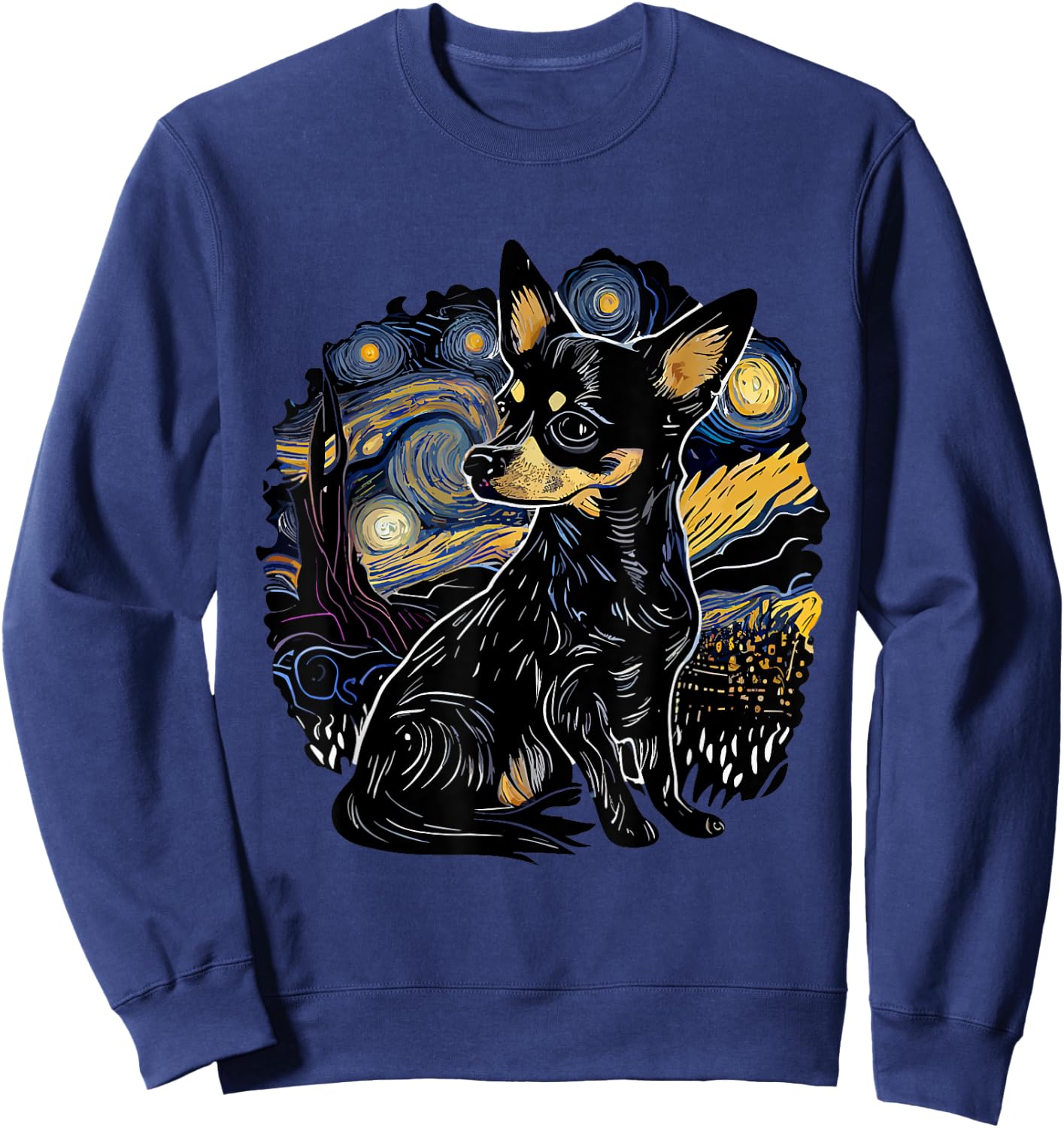 Black Chihuahua Starry Night Van Gogh Colorful Sweatshirt - Sweatshirt | Navy