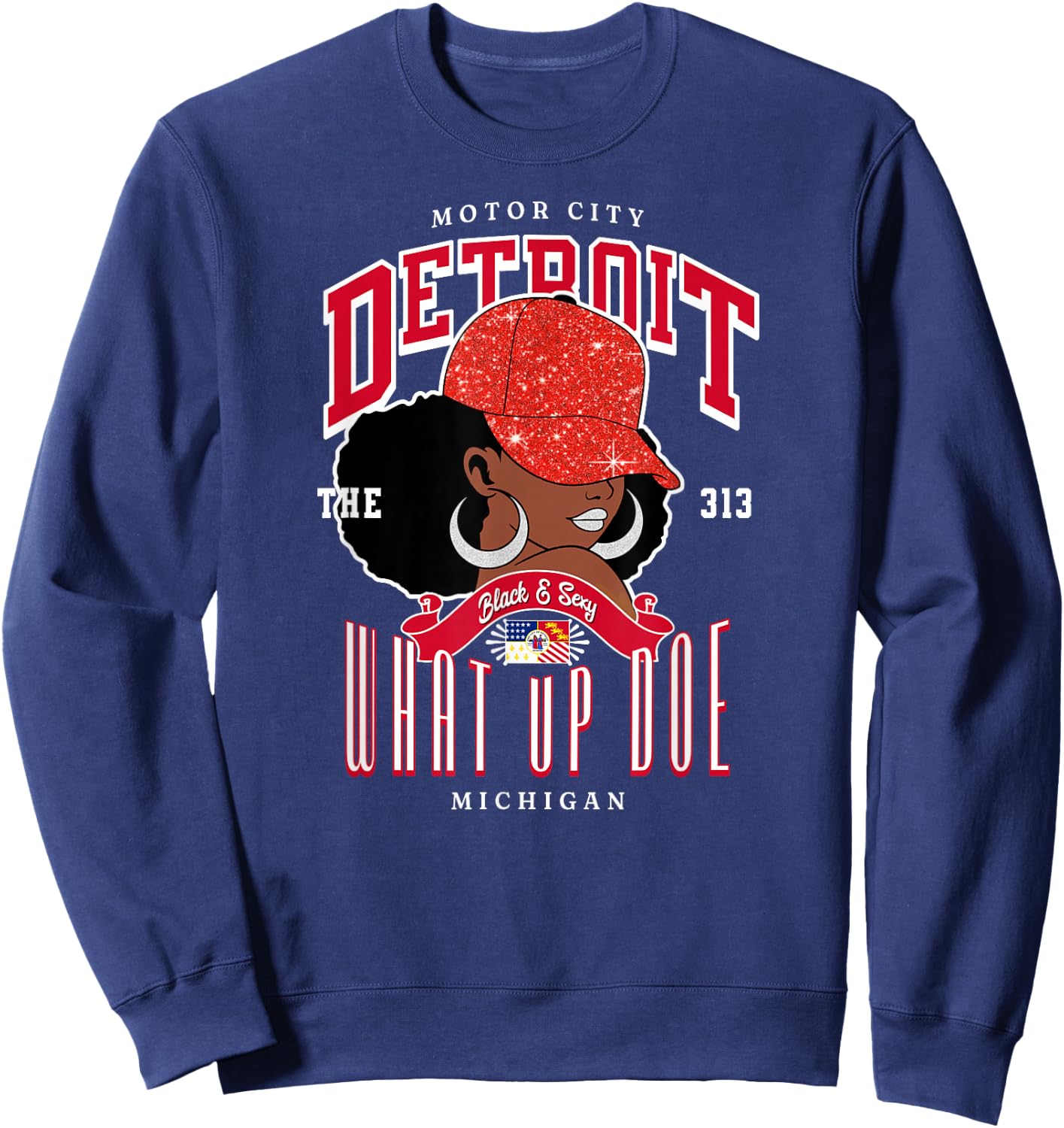 What Up Doe Detroit Afro Ladies 313 Area Code Sweatshirt - Sweatshirt | Navy